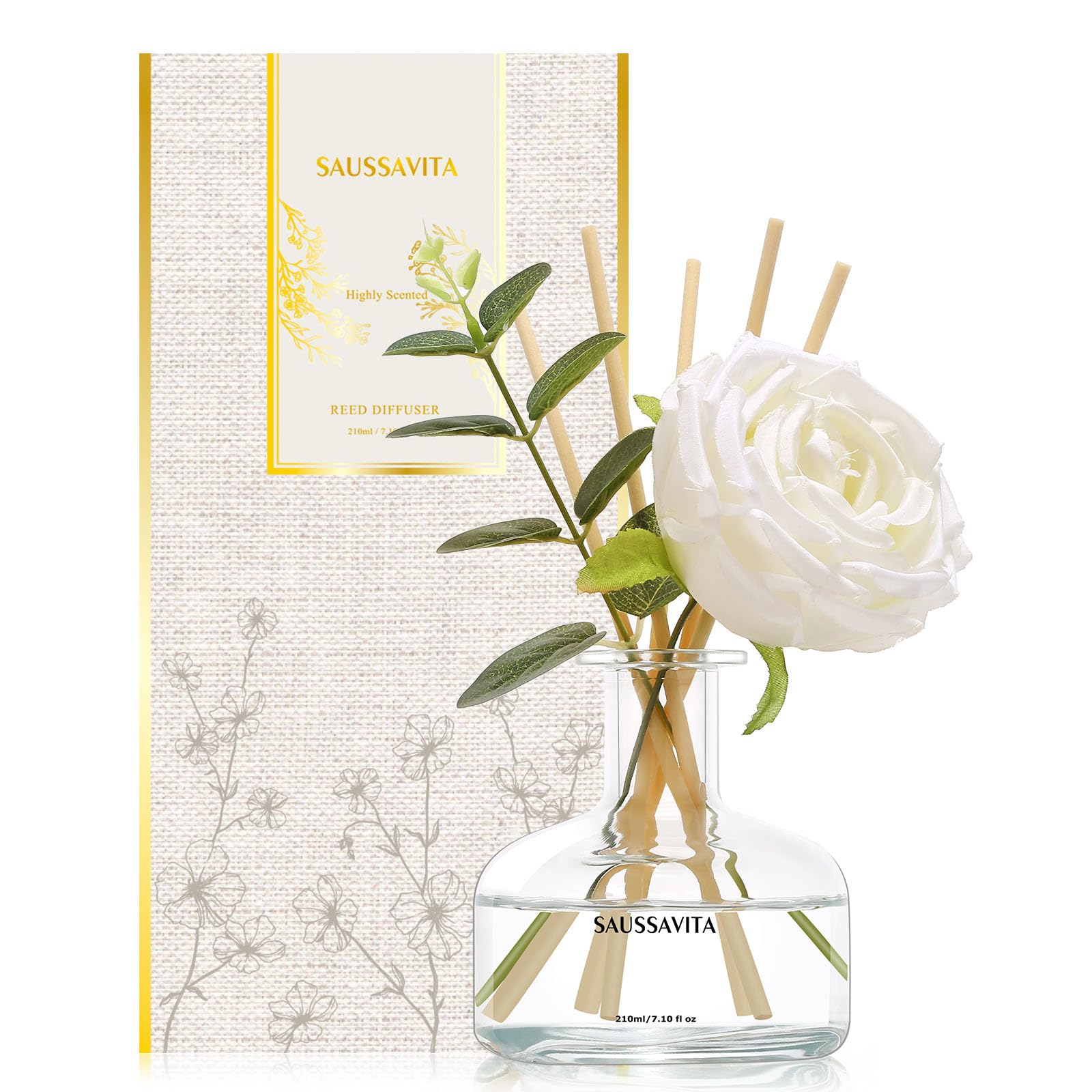 Saussavita Reed Diffusers Set, 210ml White Flower Scented Diffuser with 7 Sticks, Home Fragrance Lasts up to 120 Days for Bathroom Bedroom Living Room Decor, Air Fresheners