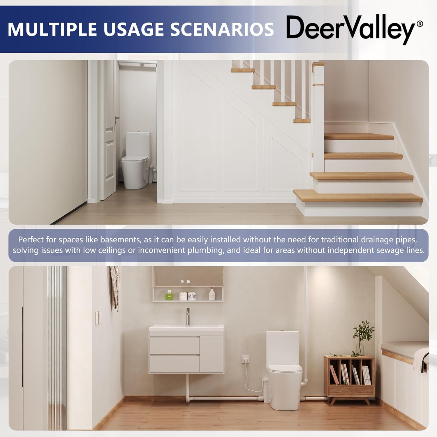 DeerValley 700W Macerating Toilet System,1.06/1.59 GPF Dual Flush, IPX4 Waterproof Rating, Complete Basement Installation Kit