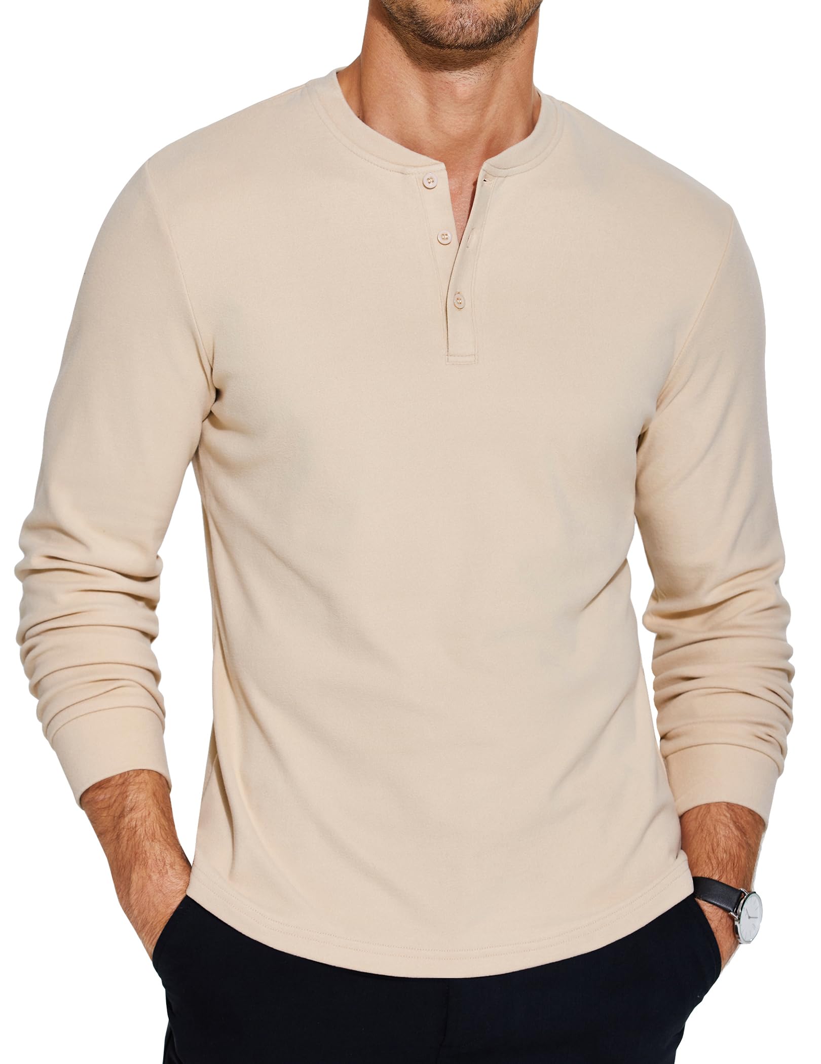 COOFANDY Henley-T-Shirt für Herren, langärmelig, lässig, kragenlos, Viertelknopf-Pullover