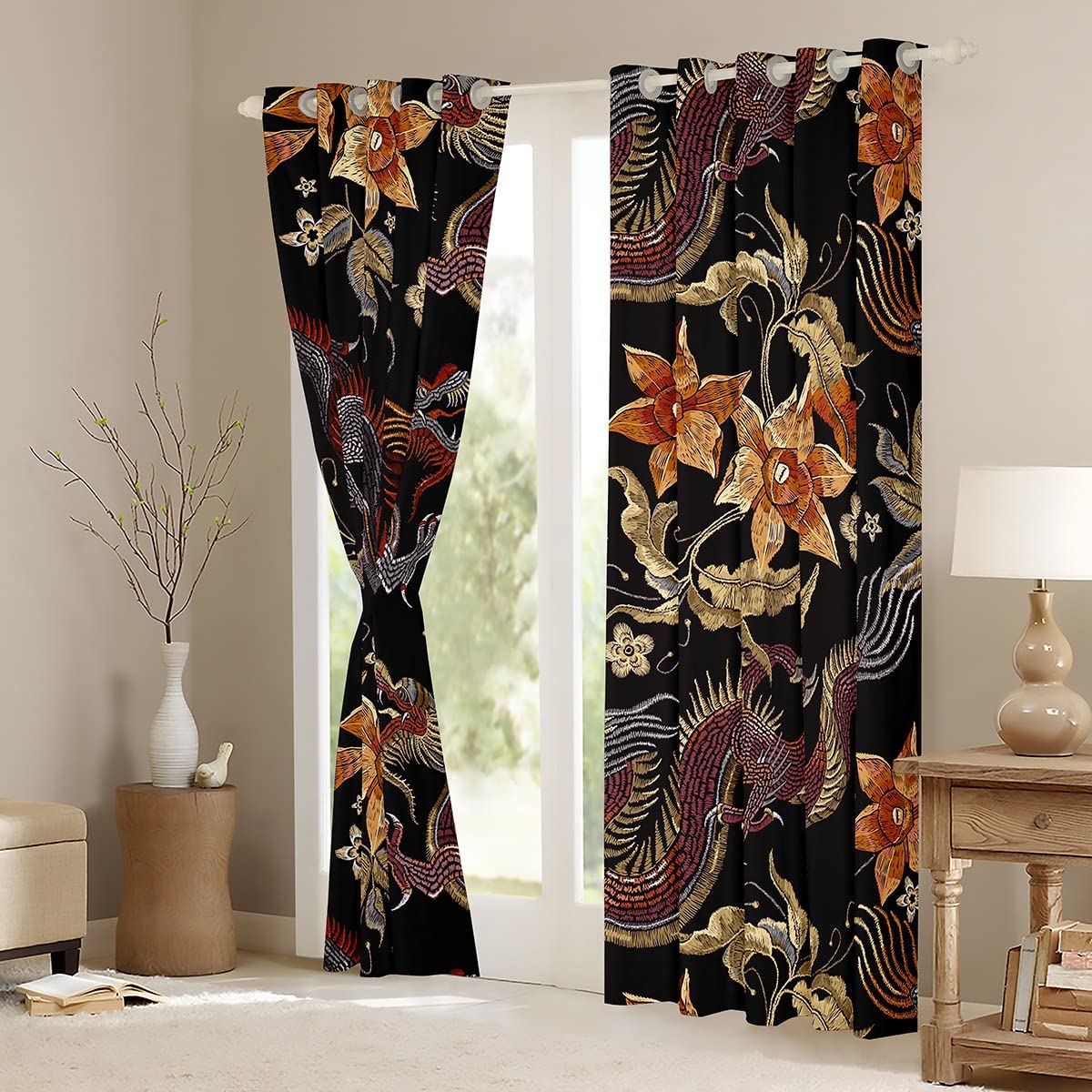 Loussiesd Dragon Curtains for Bedroom Boys Chinese Style Room Curtain 3D Animal Window Drapes Plant Floral Grommet Window Treatment Room Decoration W66*L90 - Image 4