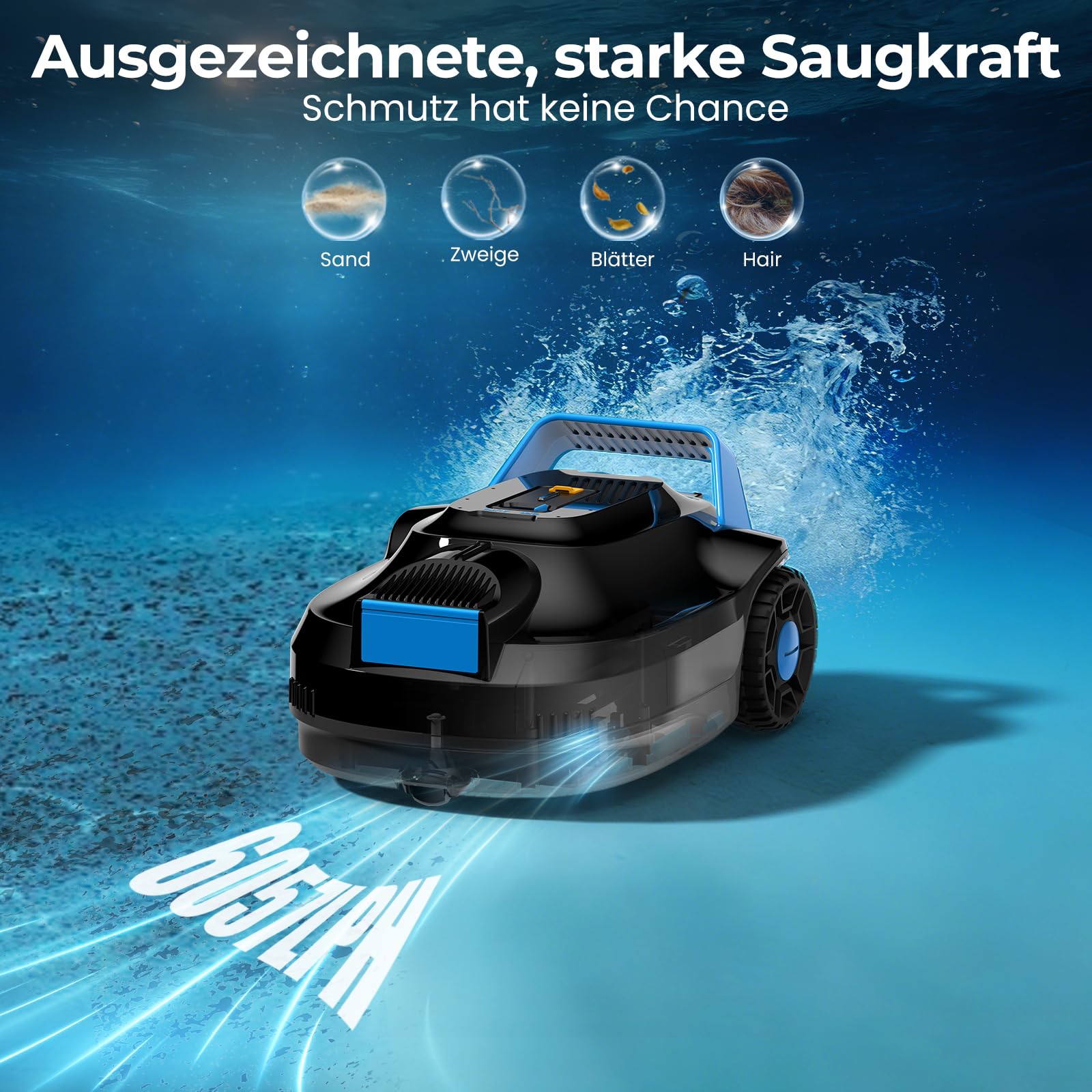 Poolroboter, Kabelloser Poolsauger Akku 5000 mAh, 120 Minuten Reinigungszeit, Automatische Reinigung mit Selbsteinparkfunktion, 6057 LPH Leistungsstarker Poolsauger für Pools 80 m², PC01