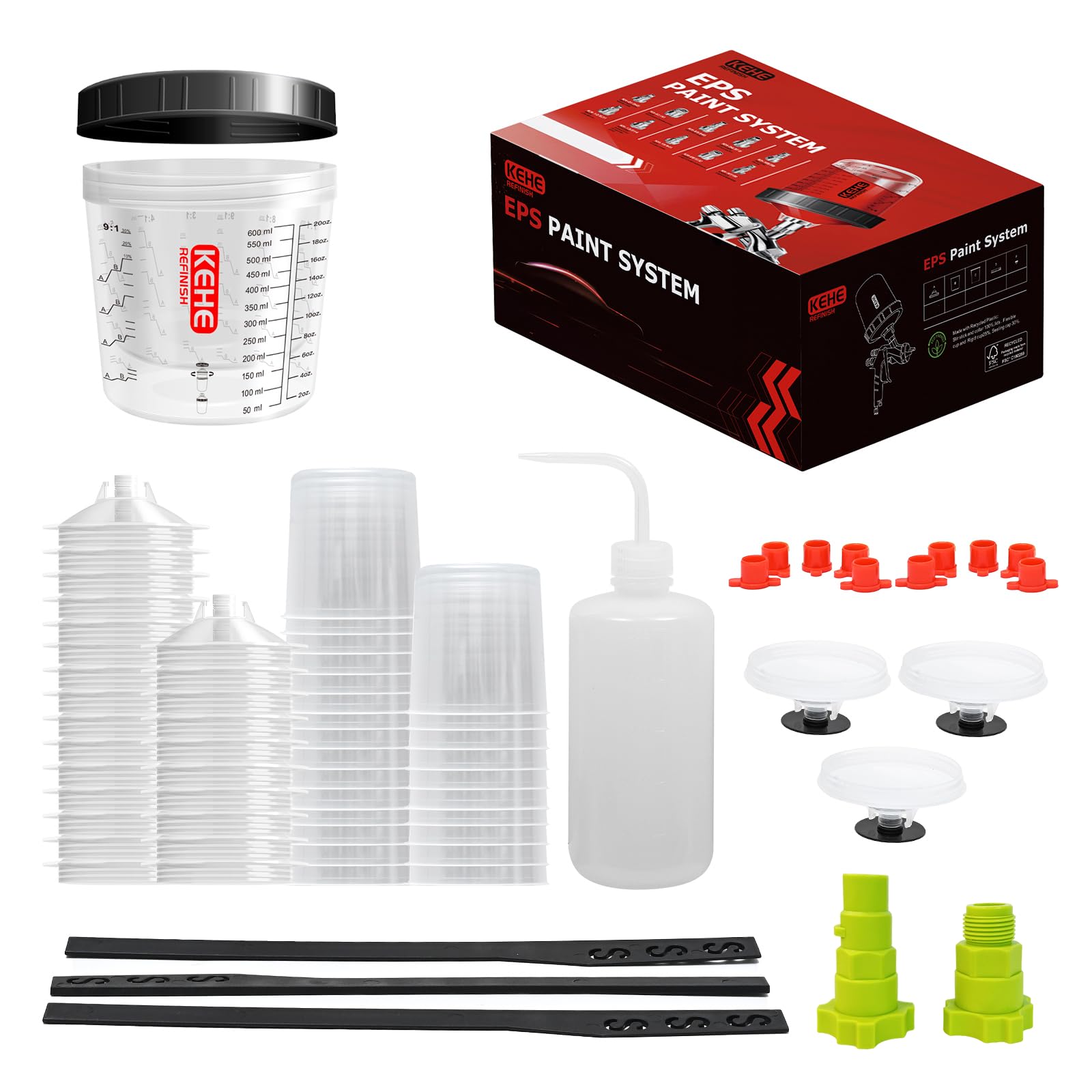 Disposable Paint Cups for Spray Gun,Mixing Cups 20 Ounce (600ml) Kit with 25 Cups and Lids with Strainer System for HVLP&amp;LVLP,1 Hard Cup with Retainer Ring,10 Plugs,2 Adapters,3 Mixing Sticks