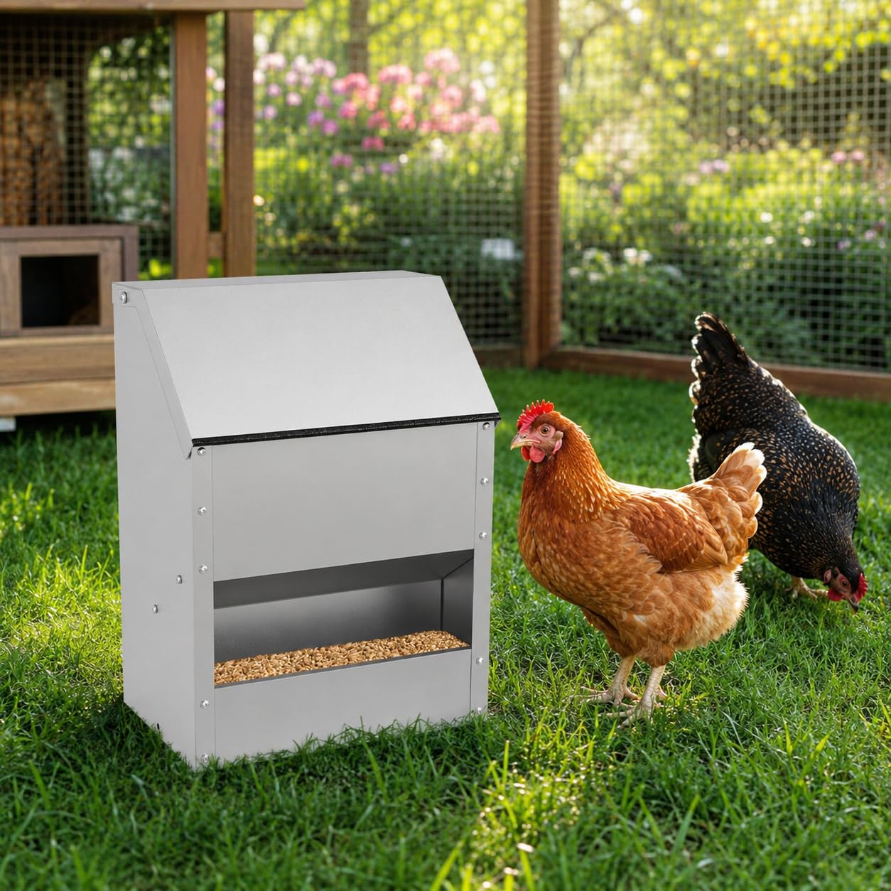 5kg Futterautomat Hühner, verzinkter Stahl, Hühnerfutter Automat rattensicher, wasserfest – Hühner Futterautomat für Stall/Freiland, inkl. Handschuhe, Löffel, Kratzschutzstreifen
