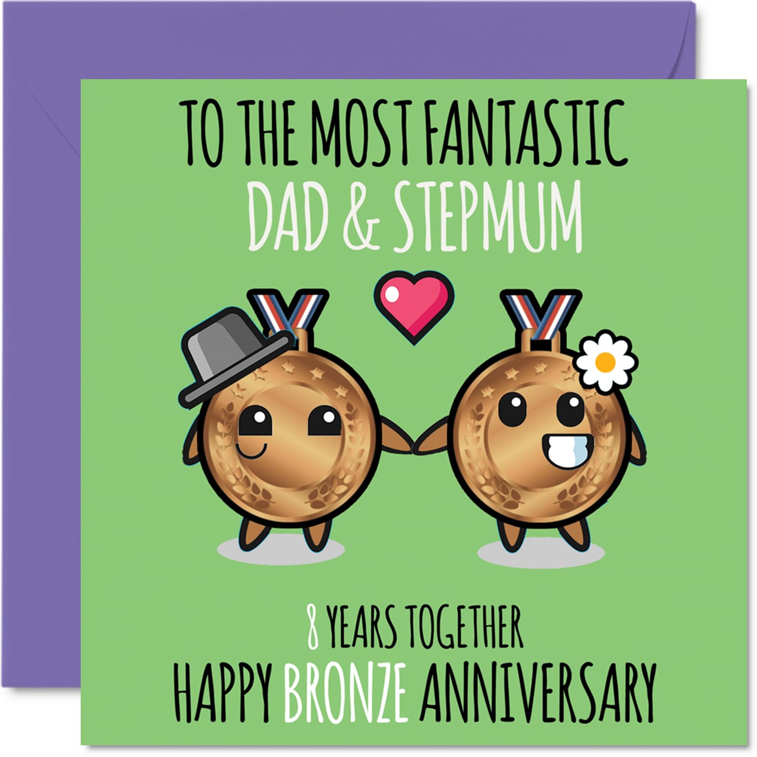 Cute Bronze Anniversary Card for Dad & Step Mum - 8 Years Together - Happy 8th Wedding Anniversary Cards for Step Mum Dad, 145mm Greeting Cards Anniversaries