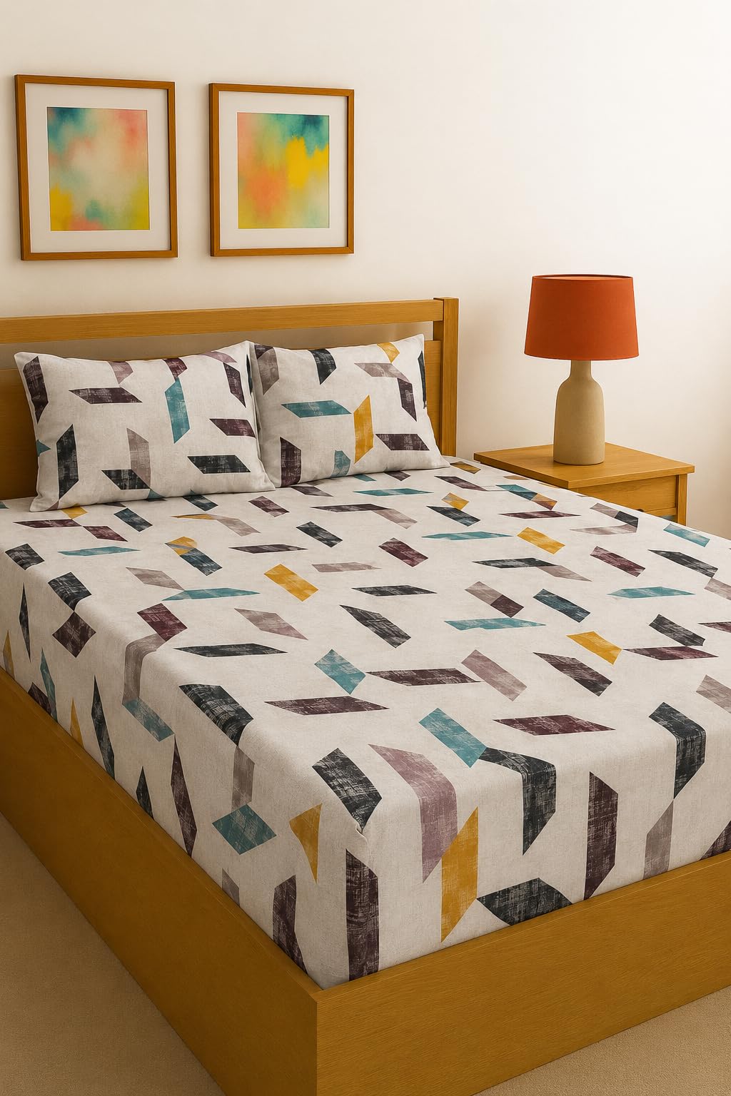 White Multicolor Abstract Print King Size Fitted Bedsheet with Elastic | Soft Glace Cotton Bed Sheet Set with 2 Pillow Covers | 72x78 Inch | Fits Up to 10 Inch Mattress | 200 TC Printed Bedsheet-image-13