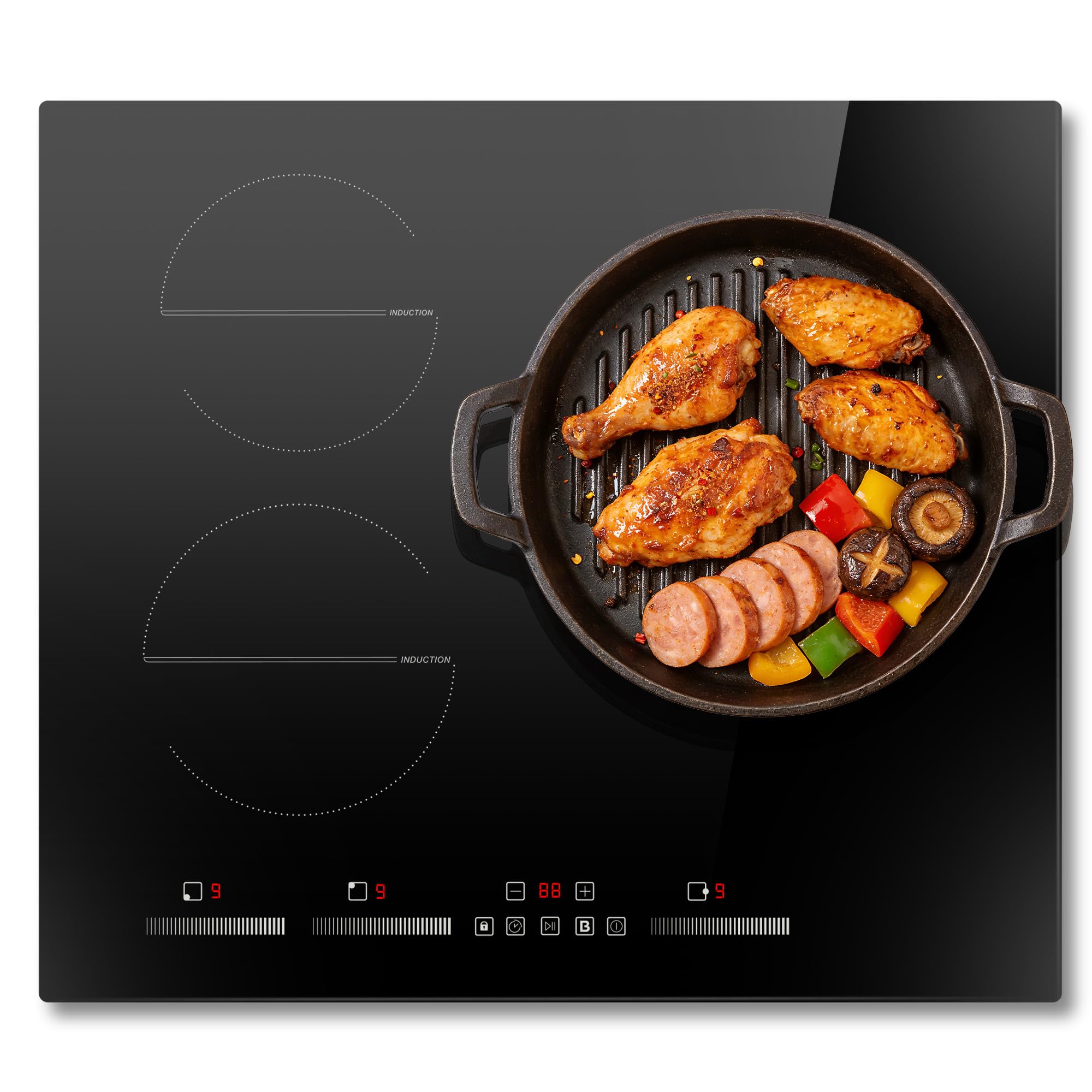 Placa de Inducción 3 Fuegos, Cocina de Inducción Empotrable, 60 cm, 6500W | Control Táctil, Seguridad Infantil, Potenciador, 9 Niveles de Calor, Temporizador