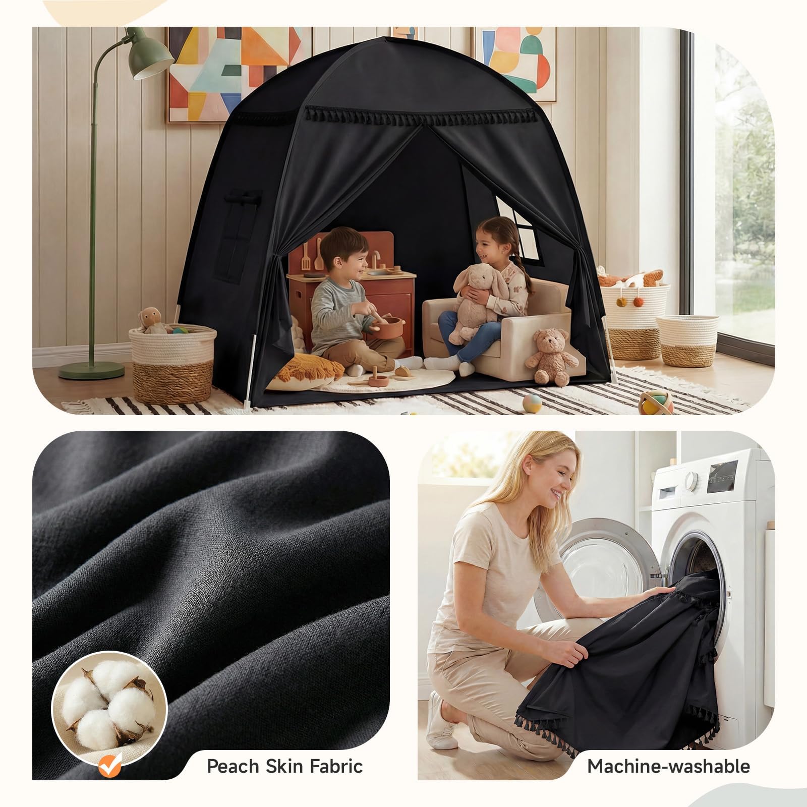 Tienda de campaña para habitación infantil: gran casa de juegos para interiores, portátil y plegable, para cama individual y litera, cueva para niños y niñas (negro)