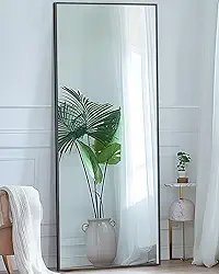 Antok Espelho de comprimento total, espelho de chão de 147 x 45 cm com suporte, espelhos suspensos montados para quarto, sala de estar, vestiário, sala de jantar, preto, retangular