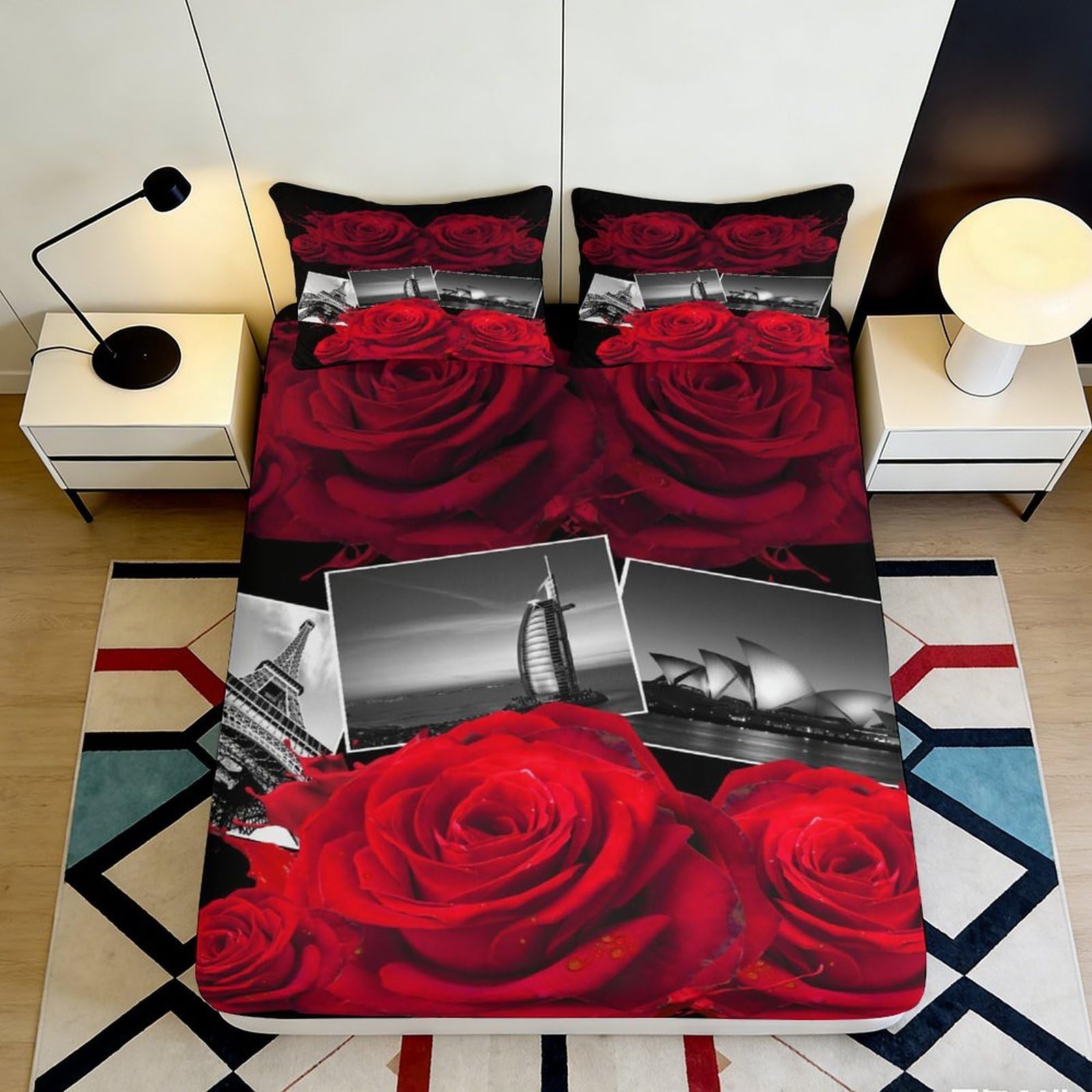 3D Printed Red Rose Landmark Fitted Sheet Microfiber Soft Bedroom Decor Cityscape Bed Cover Mattress Protection 200x200x25cm