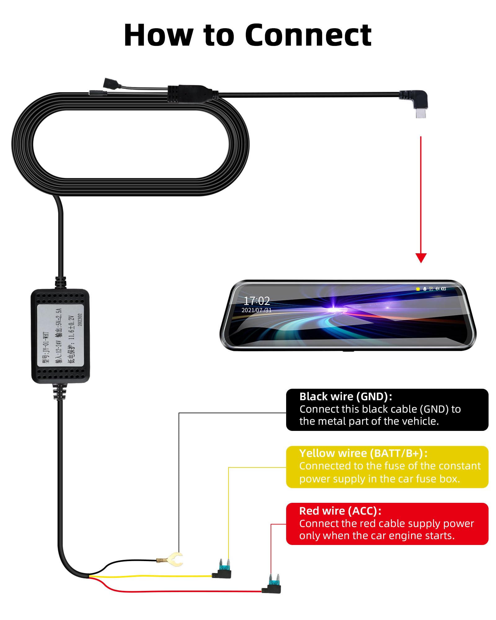 Amazon.com: Jansite Mirror Dash Cam Type-C Hardwire Kit - 12V-24V