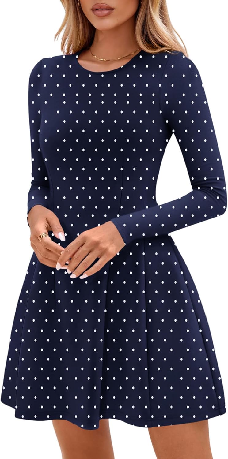 PRETTYGARDEN Long Sleeve Mini Dress for Women 2026 Spring Crewneck Knit Pleated Babydoll A Line Casual Short Party Dresses - Image 7