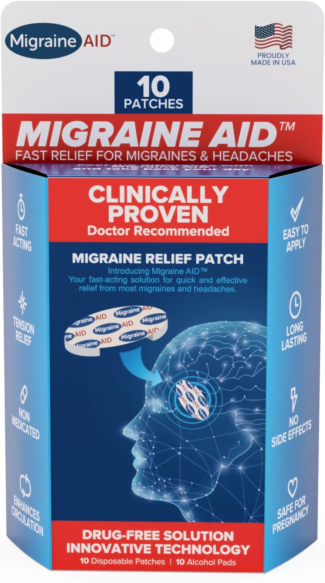 Migraine AID - Migraine Support Patches, Fast-Solution & Non-Medicated Support for Head Tension, Easy to Apply, Suitable for Everyday Use, 10 Disposable Patches, Made in USA