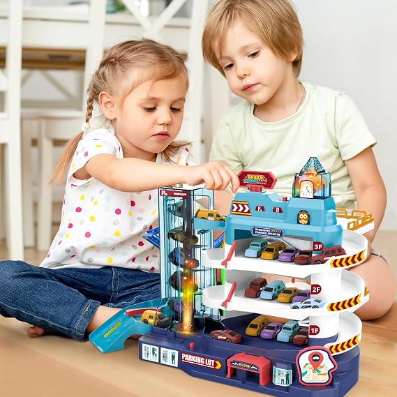 deAO 3-Level Parking Garage Toy & Working Elevator, Light & Sound Effects