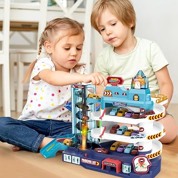 deAO 3-Level Parking Garage Toy & Working Elevator, Light & Sound Effects