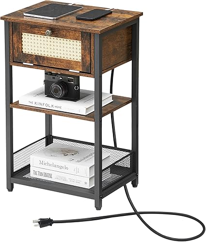 Miniatura 8 de J-yaamiZz Mesa auxiliar con estación de carga, puertos USB y tomacorrientes, cajón y estante de almacenamiento de 2 niveles, mesa auxiliar para sala