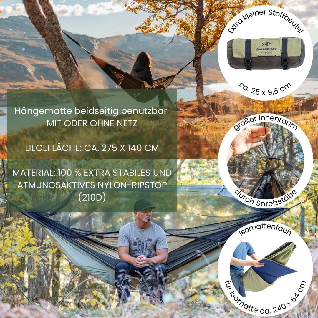 AMAZONAS - Traveller Set | Leichtes All-in-One Camping-Set mit Hängematte, Moskitonetz, Thermofach, wasserdichtem Tarp und Aufhängung | Kompaktes Packmaß 25cm x 10cm, Gewicht 1,48kg