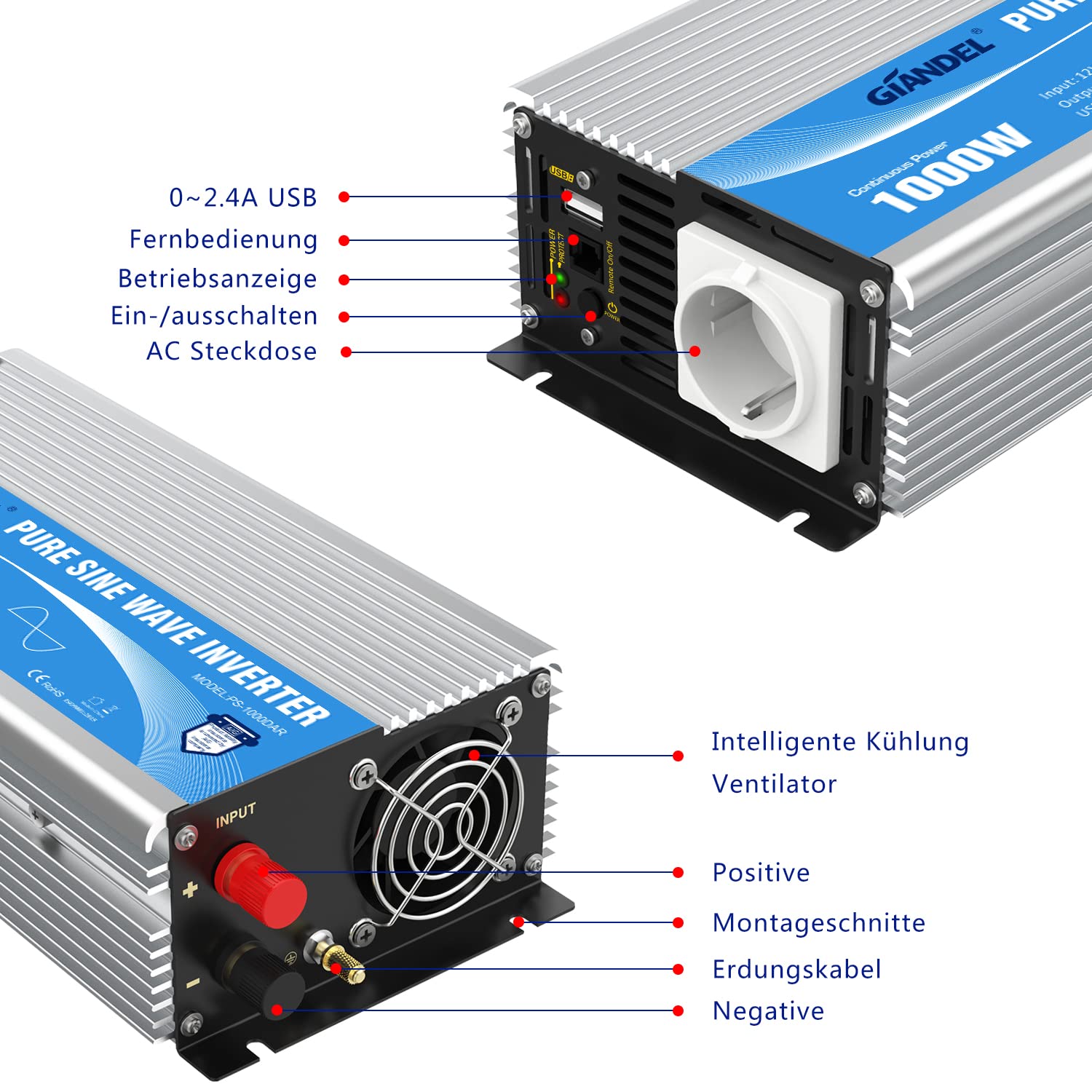 GIANDEL 1000W KFZ Wechselrichter 12V auf 230V Reiner Sinus Spannungswandler Umwandler-Inverter Konverter mit Fernbedienung EU-Steckdose & 2.4A USB-Anschluss