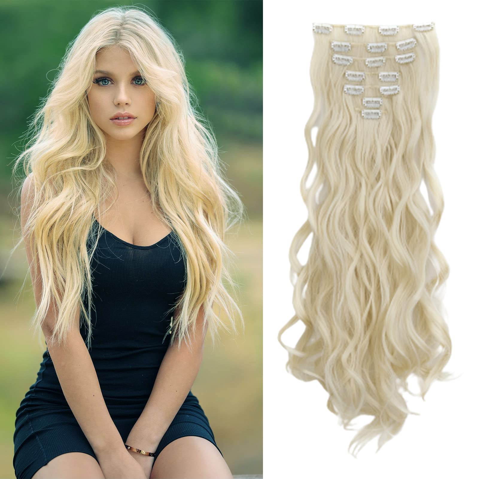 Cybelleza Extension Capelli Clip Ricci Mossi 50cm 7PCS Extension per Capelli Sintetici Finti Lunghi Allugamento Effetto Naturale Ondulati Full Head Set Posticci per Donna (Biondo)
