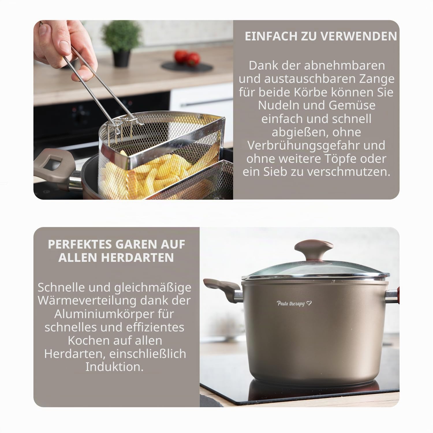 KASANOVA Pastatopf 22 cm mit 2 Körben und Deckel – Nudel- und Gemüsetopf, Doppelkorb für gleichzeitiges Garen, Induktionsgeeignet und für alle Herdarten (Taubengrau)