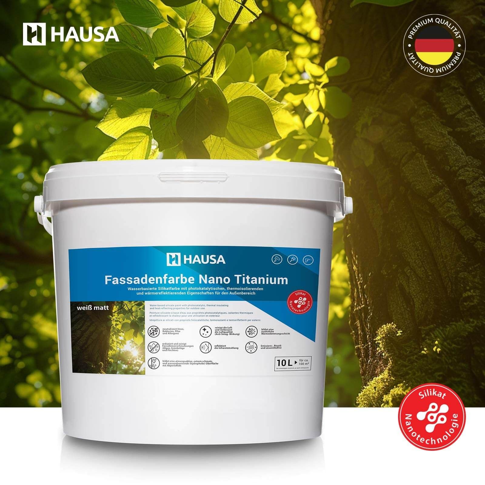 Hausa Fassadenfarbe Nano Titanium 10L weiß matt Wandfarbe für Außen mit Abperleffekt, extrem wetterbeständig, energiesparend thermoisolierend, reinigt die Luft (Anti-Smog Wirkung) algenresistent