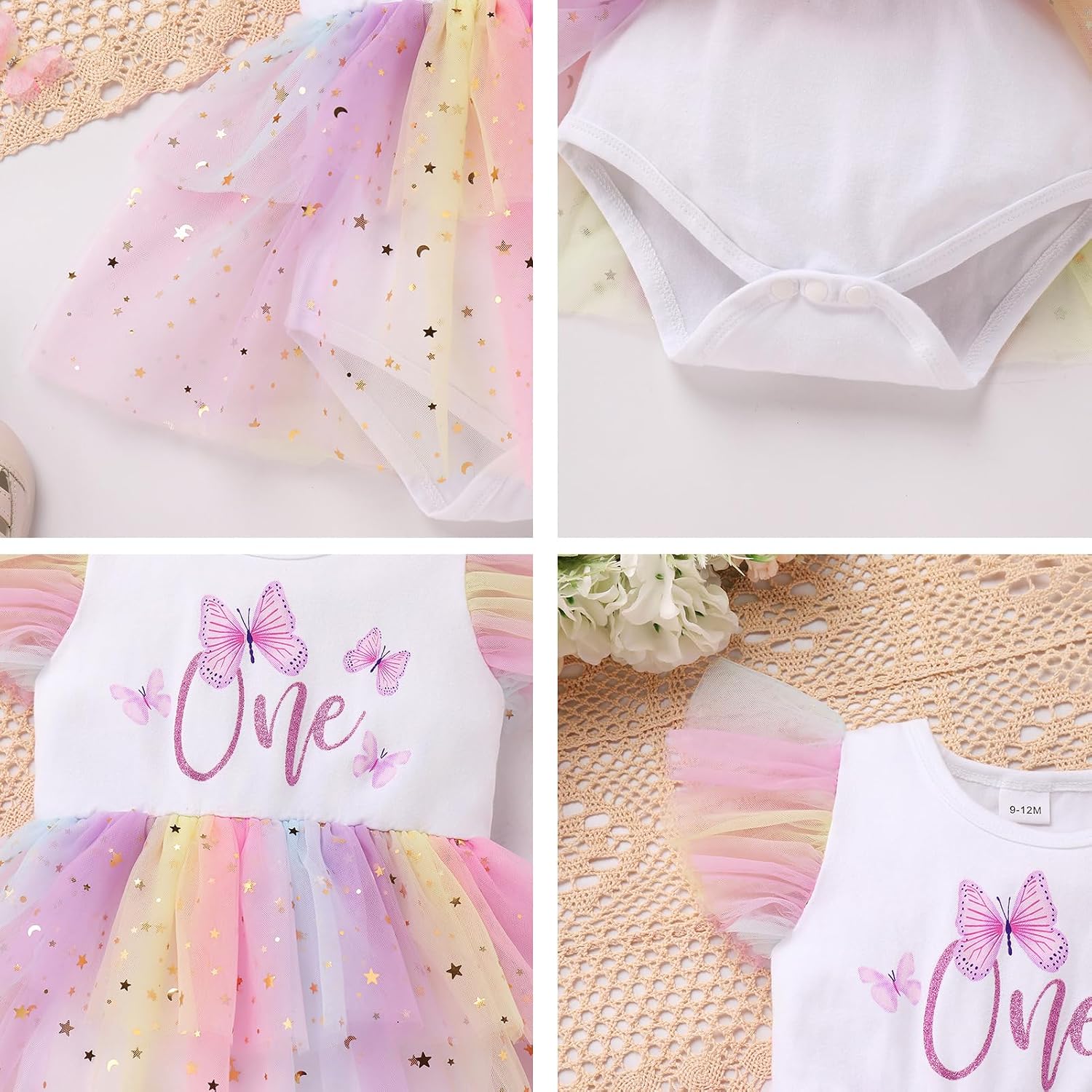 ODASDO Baby Girls 1st Birthday Cake Smash Outfit Flutter Sleeve Tutu Romper Dress with Bowknot Headband Set