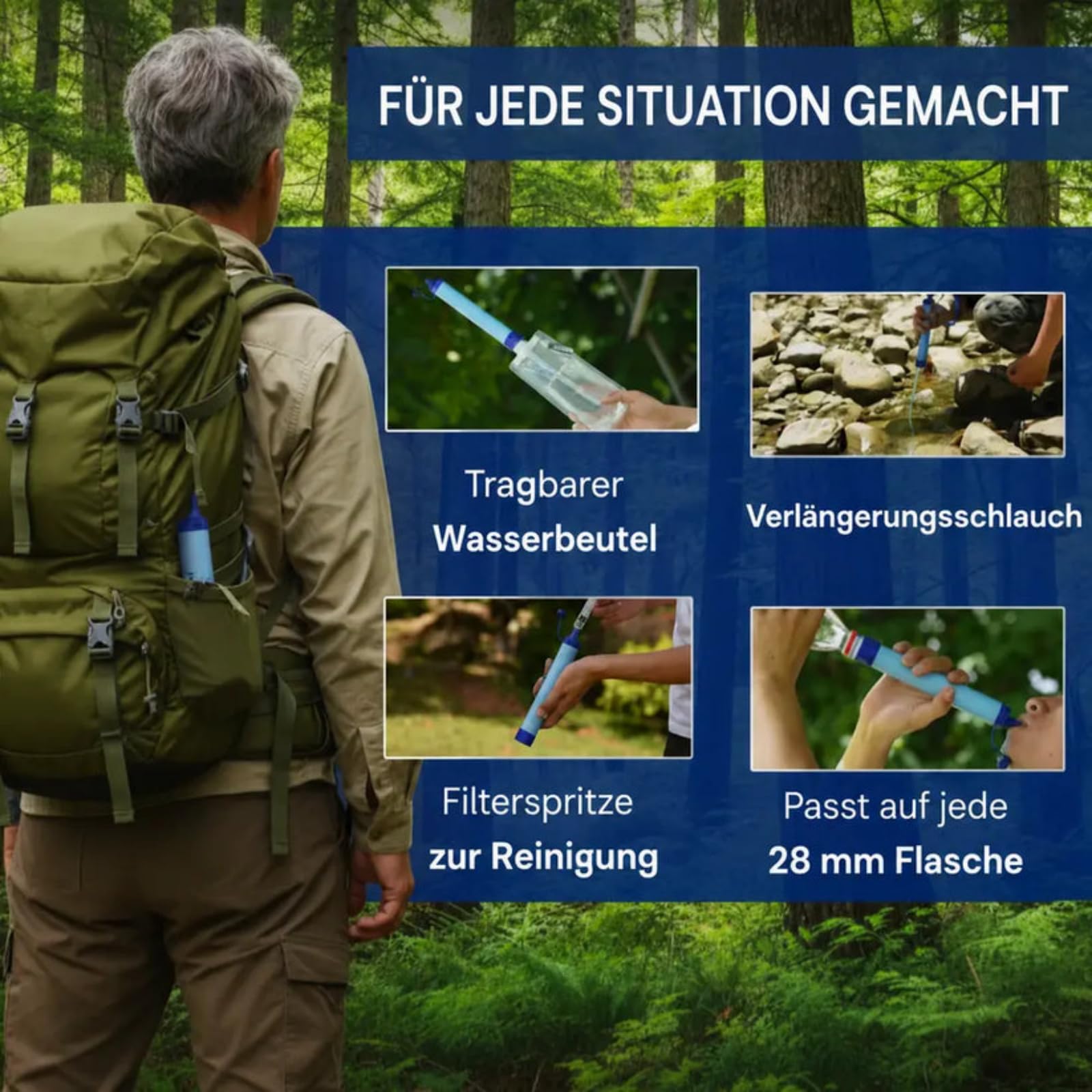 Virest Wasserfilter Outdoor,HYDRO-X1 Notfall Wasserfilter | Tragbarer Outdoor Mehrzweck Wasserfilter für Bach,Berg,Regen und Leitungswasser,Camping Wander Notfall Ausrüstung
