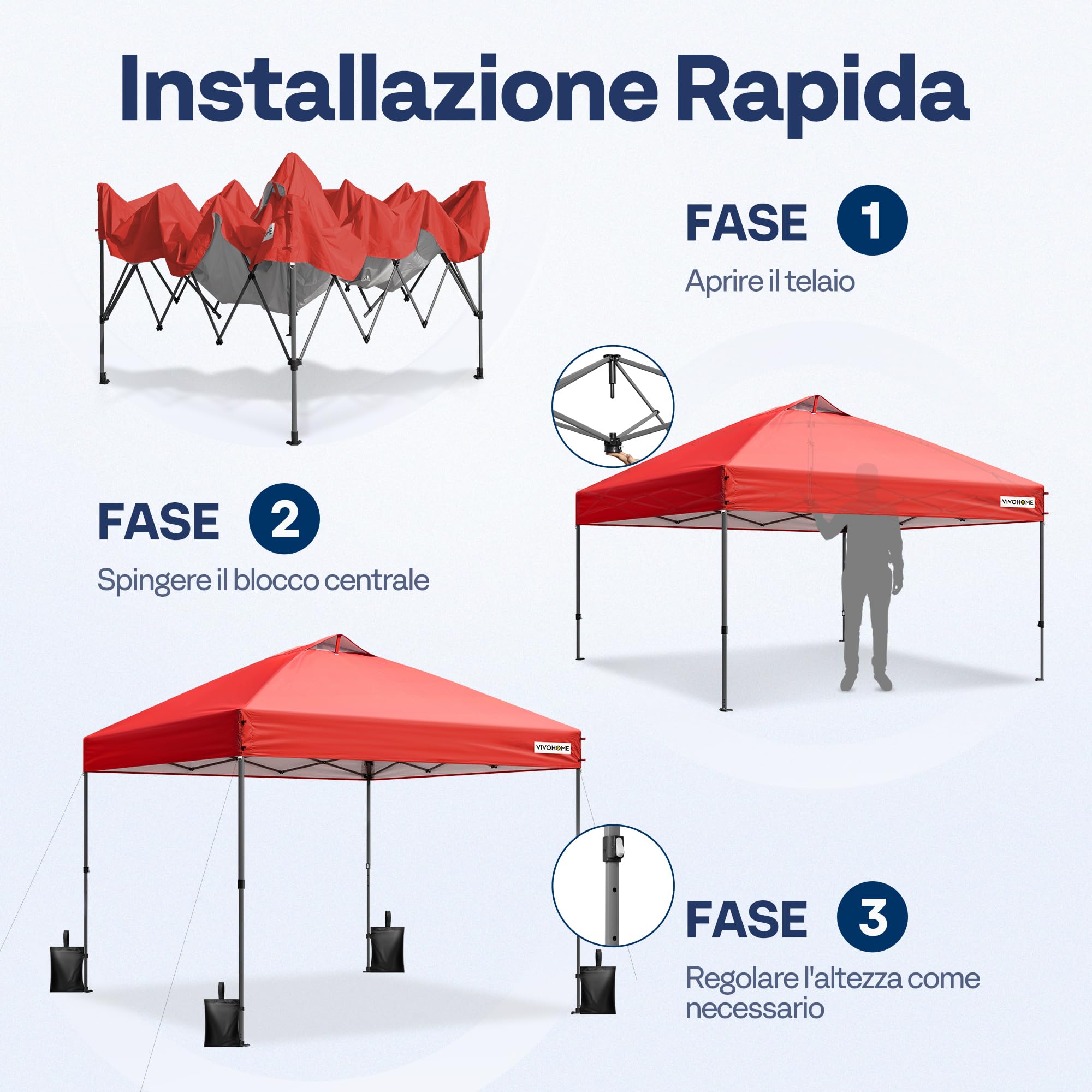 VIVOHOME Tenda Pop-up 3x3m Gazebo One Push Setup Tenda da campeggio portatile per esterni Heavy Duty con ruote Borsa per il trasporto e 4 sacchi di sabbia