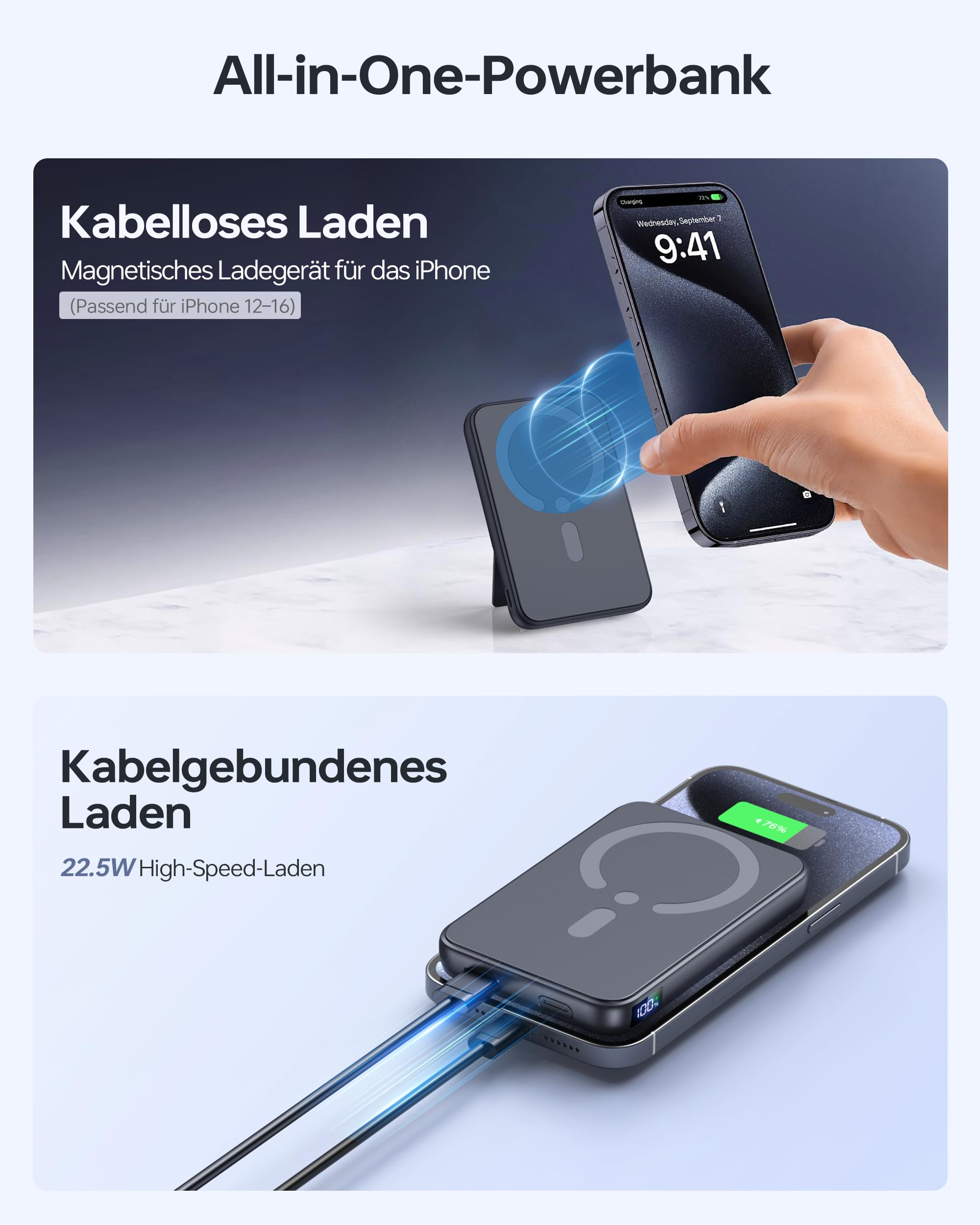 Powerbank für Magsafe, 12000mAh Magnetische Power Bank, PD 22.5W USB-A Ausgabe, Kabelloses Tragbares Ladegerät mit Typ-C-Eingang und Ausgang, LED-Anzeige für iPhone 17/16/15/14/13/12 Serie