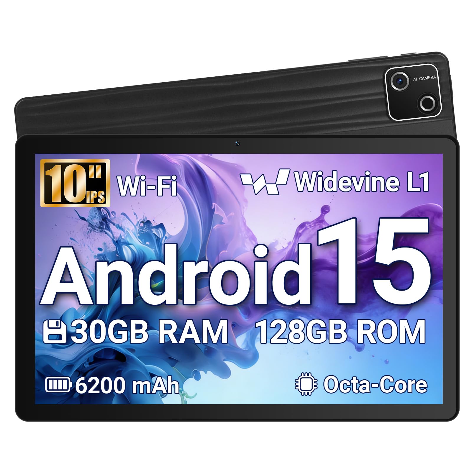 Wqplo Tablette 10 Pouces Android 15 certifiée GMS, 30Go RAM + 128Go ROM (2To TF), Octa-Core, 6200mAh, HD 1280x800, WiFi 6, BT 5.3, Widevine L1, 5MP+8MP, Tablet PC, Noir – 2026 - 2