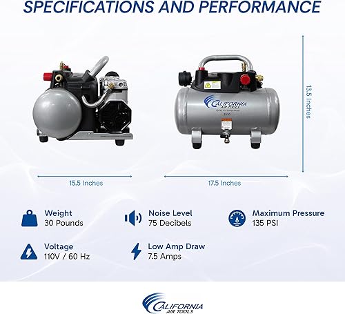 Miniatura 5 de California Air Tools CAT-1510 - Compresor de aire silencioso y sin aceite, capacidad de tanque de 1.5 galones, nivel de ruido de 75 dB, ligero,