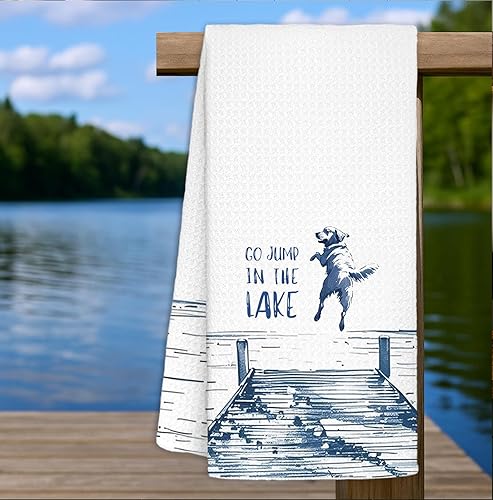 Vista 2 de Toallas de cocina con temática de casa de lago Golden Retriever, regalos para casa de lago, divertidas toallas de cocina decorativas para casa