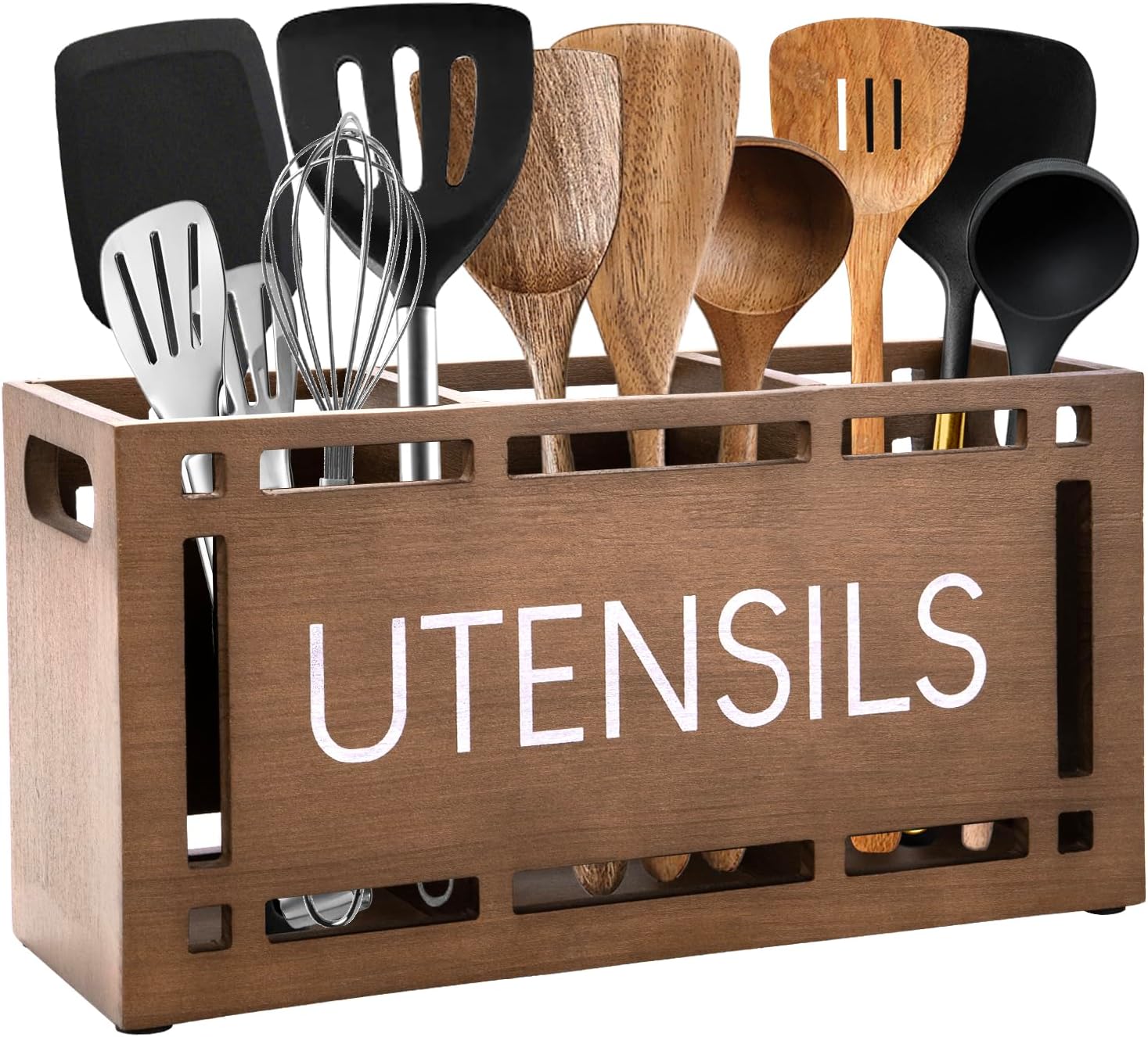 Utensil Holder for Kitchen Counter, Large 3 Compartments Solid Real Wood Utensil Caddy Organizer with 4 Non-Slip Pads, Rectangular Cooking Tools Storage for Countertop, Brown