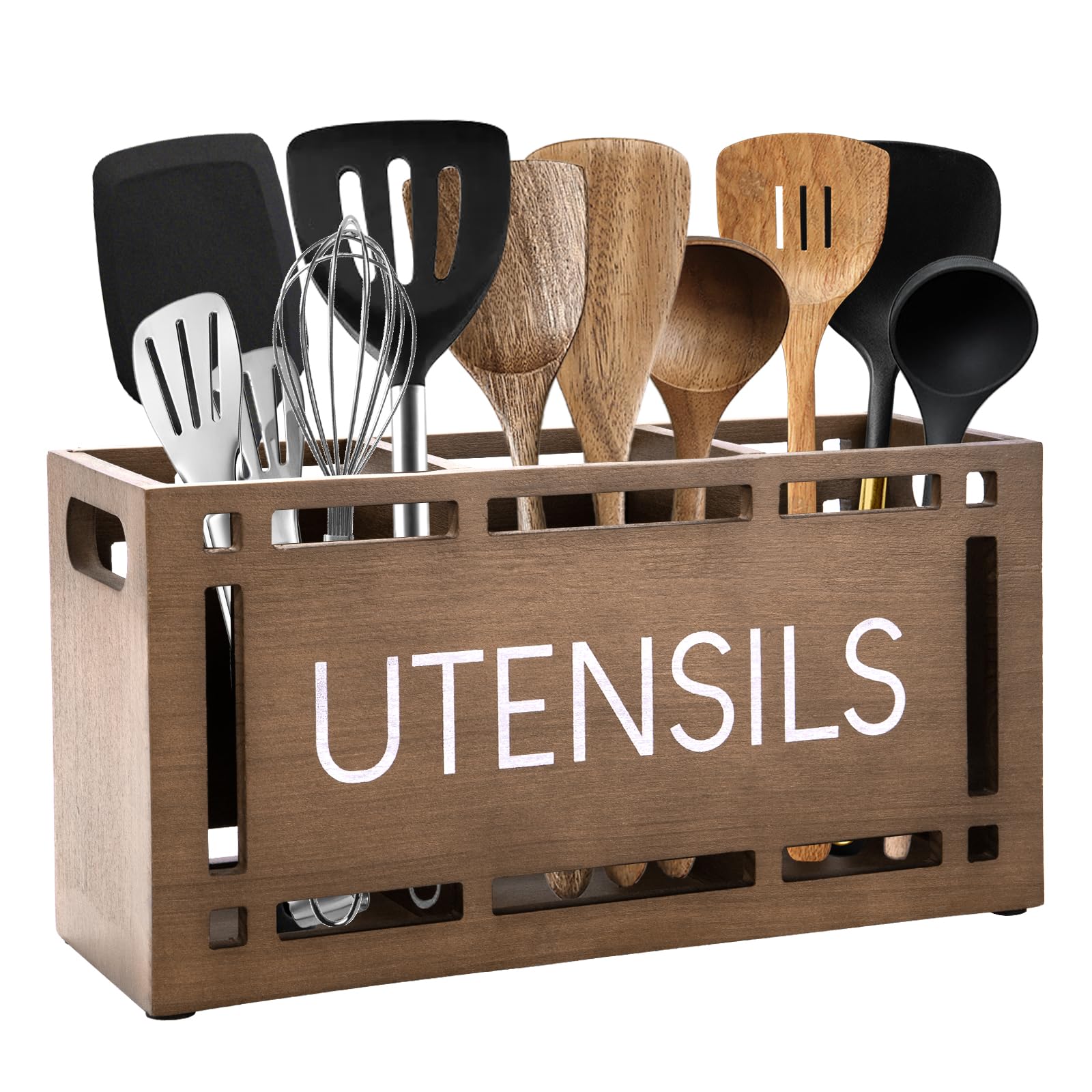 Karisky Utensil Holder for Kitchen Counter Large 3 Compartments Solid Real Wood Utensil Caddy Organizer with 4 Non-Slip Pads