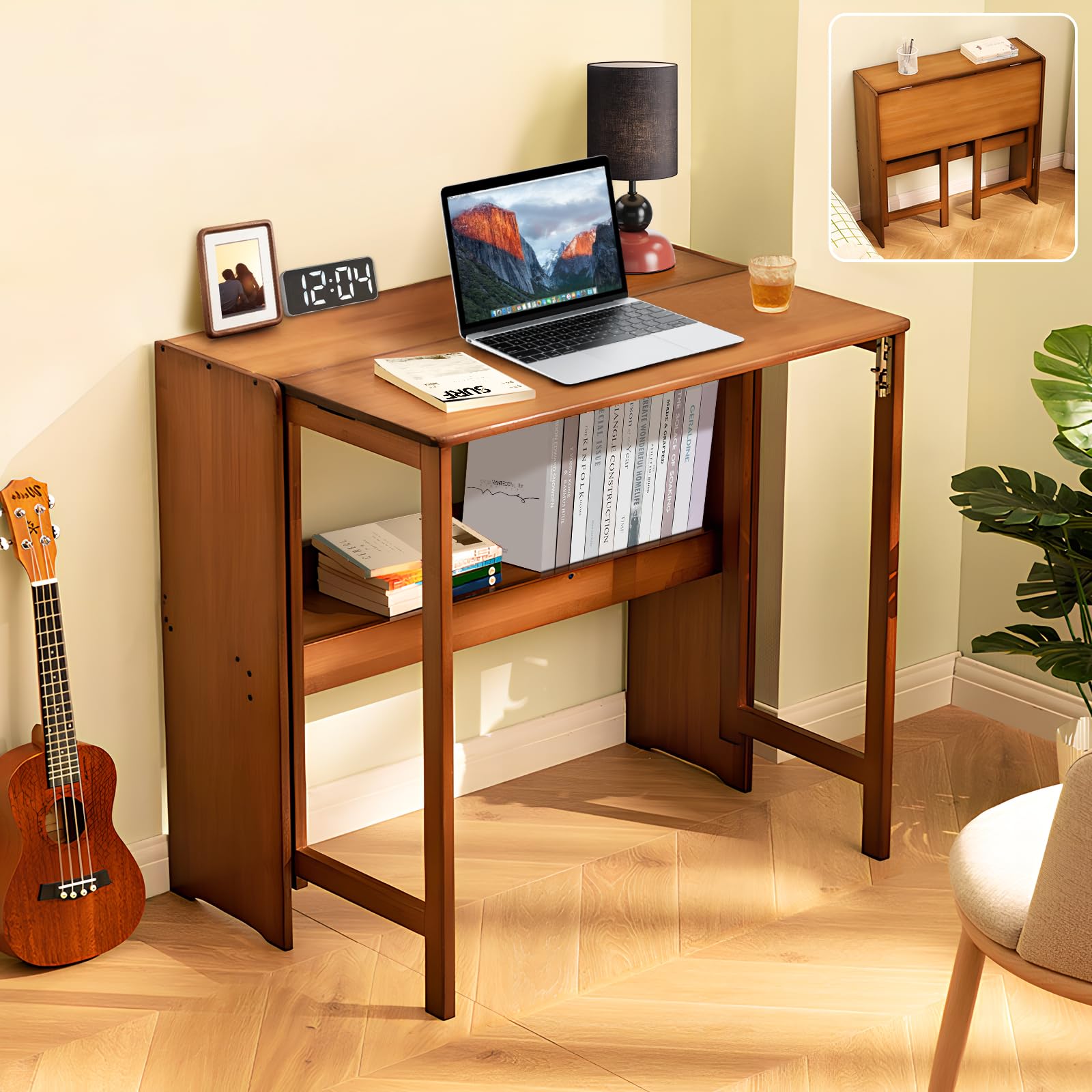 Usofhaus Bamboo Folding Desk,Space-Saving Computer Desk for Small Spaces,Foldable Desk for Bedroom, Home Office, Dorm, Apartment,Brown