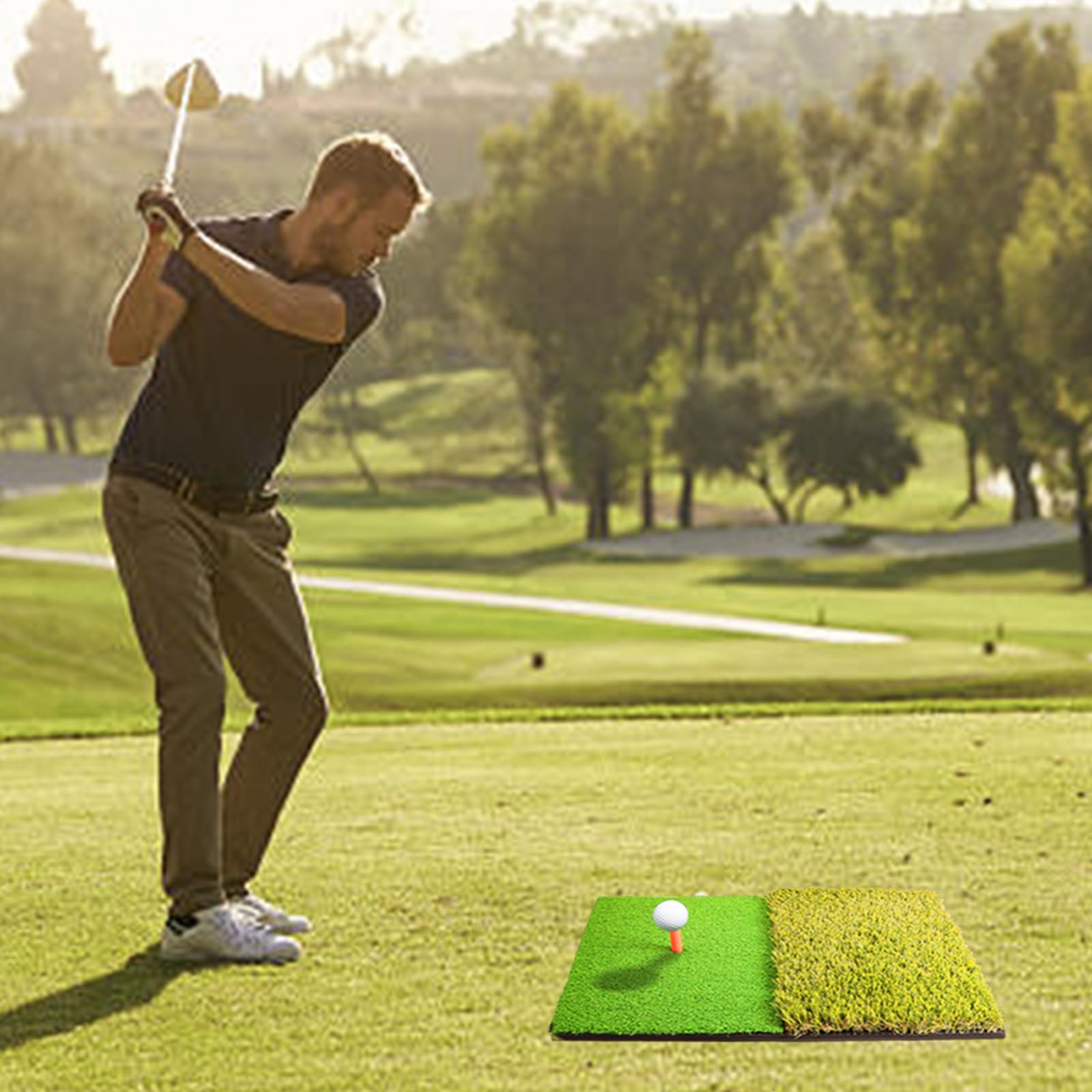 Faltbare Golfschlägermatte mit 2 Rasen, 60 x 40 cm, mit T-Stück für drinnen und draußen