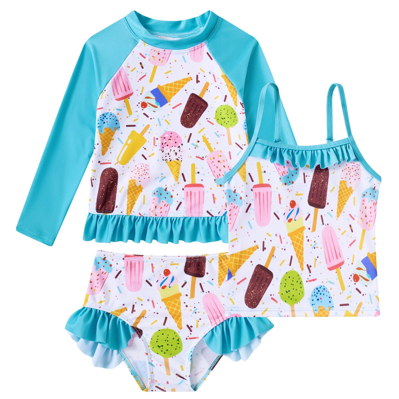 BFUSTYLE Girls Swimsuit 3 Pieces Rash Guard Kids Bathing Suit 3-8 Years | Funny Sun Protection Quick Dry Summer Beach Long Sleeves Swimwear Tankini Set