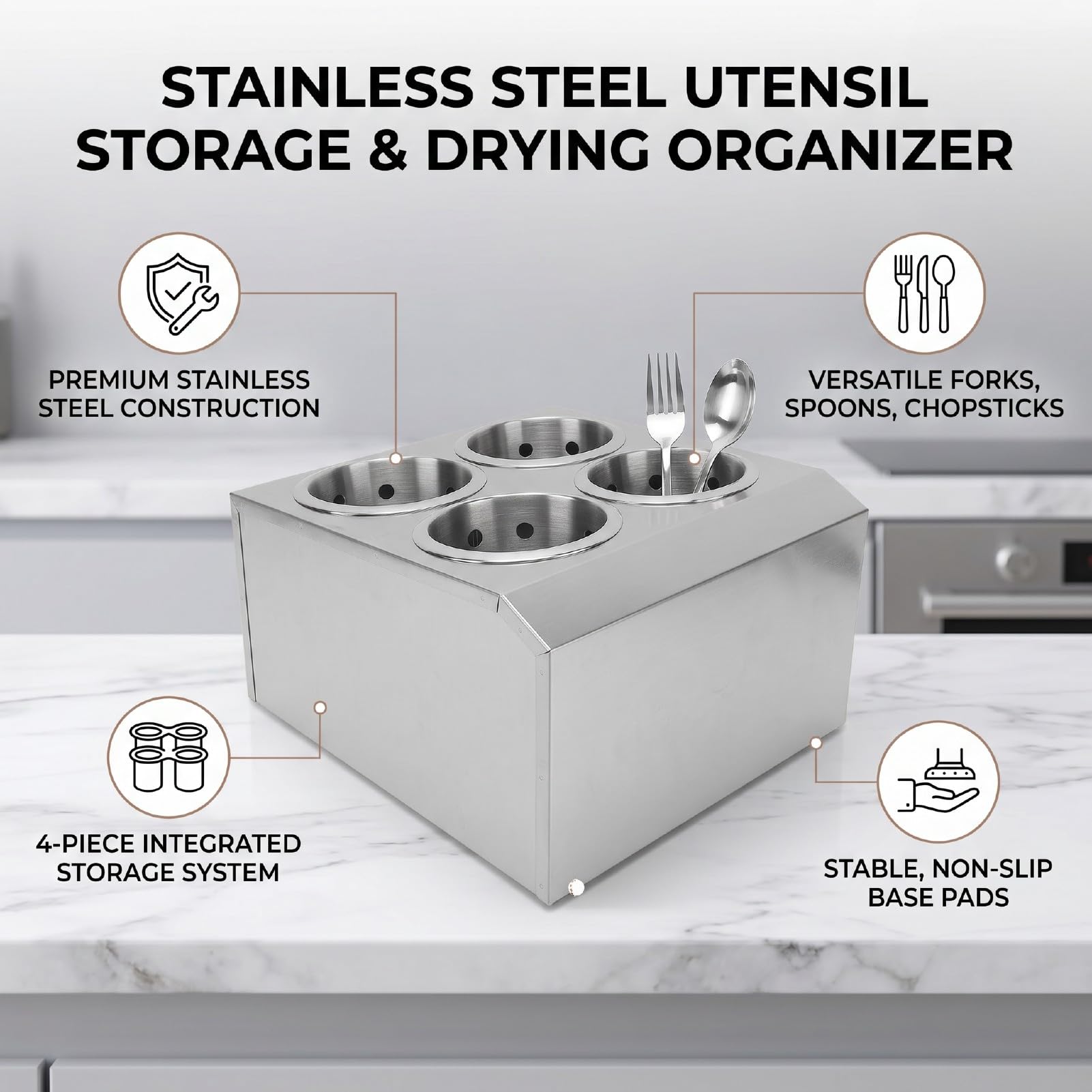 Luocute Soporte para Utensilios de Cocina de Acero Inoxidable con 4 Ranuras, Organizador de Cubiertos para Tenedores, Cucharas y Palillos