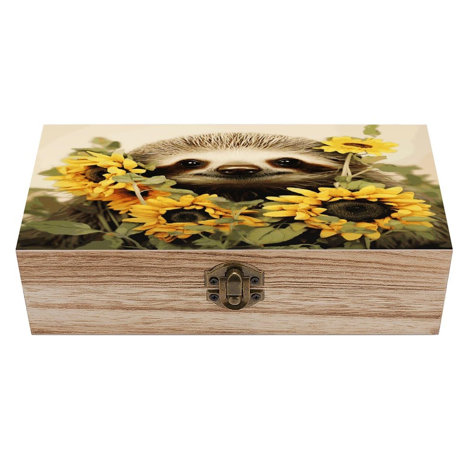 FekiLoot Sloth Sunflower Wooden Box with Hinged Lid Vintage Storage Box Beautifully Wood Keepsake Boxes Jewellery Organiser & Trinket Holder Unique Gift Ideas for Men & Women