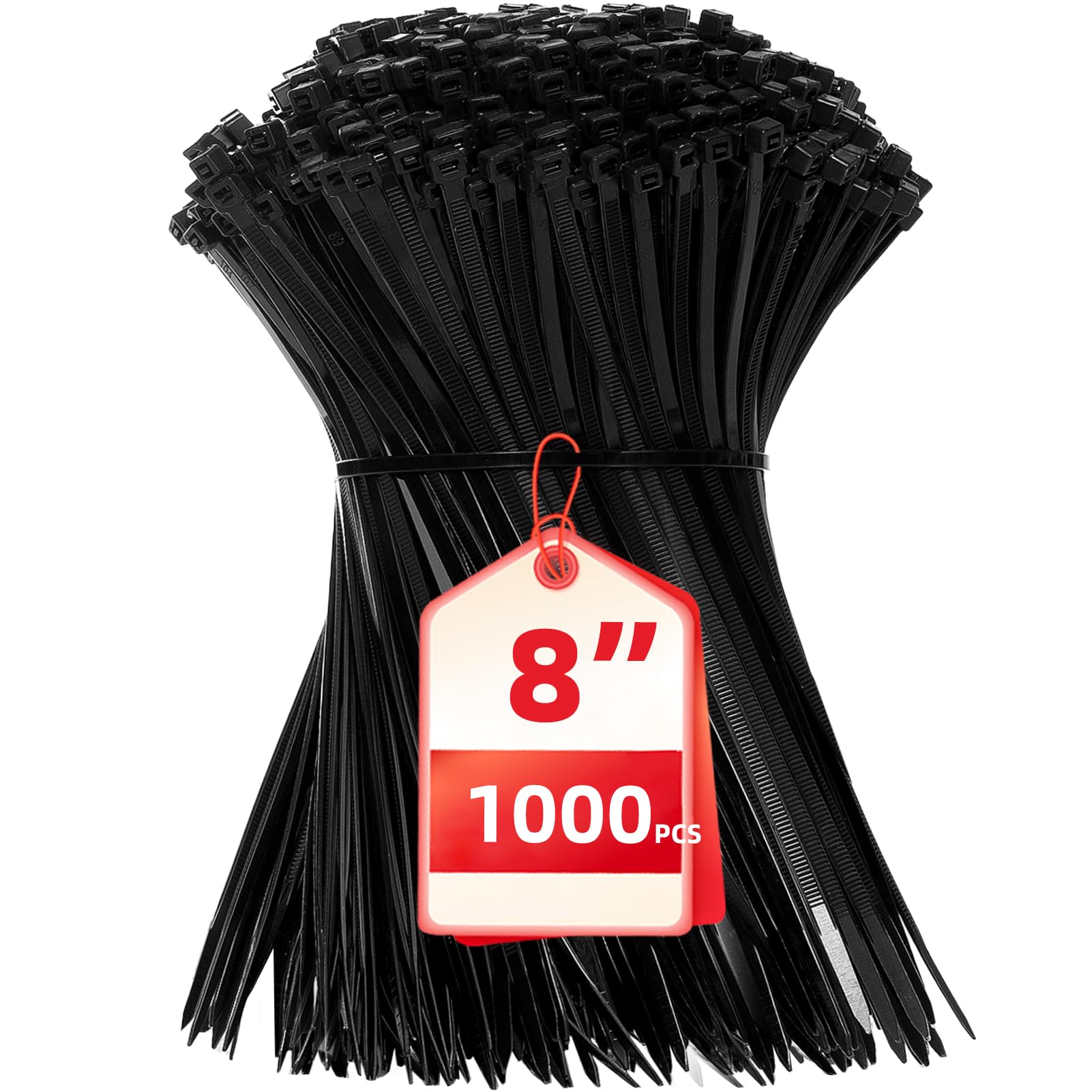 Zip Ties 8 inch, 1000 Pack Black Zip Ties, Self-Locking Nylon Cable Ties with 40 lbs Tensile Strength,Wire Ties for indoor and outdoor use.