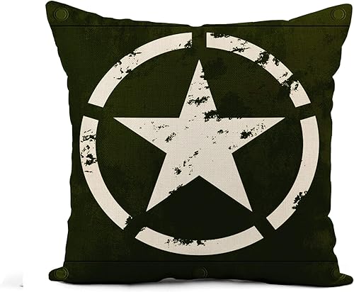 Awowee Funda de almohada de lino con diseño de estrella militar blanca sobre guerra de camuflaje de metal verde, 18 x 18 pulgadas, decoración del