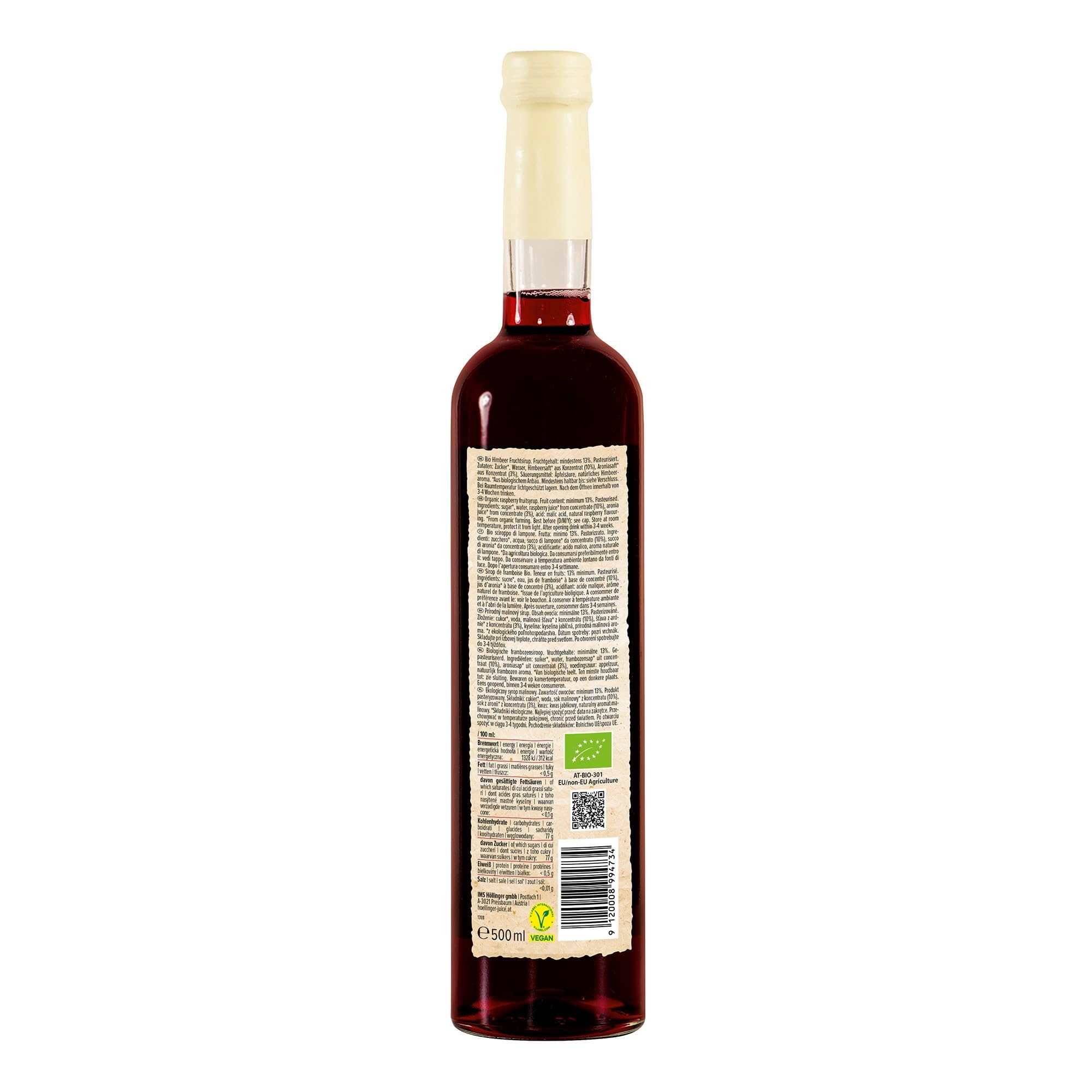 Sciroppo di lamponi bio Höllinger - Organic Raspberry Syrup, Vegan, 3x500ml Glass Bottle, Rich Berry Flavor
