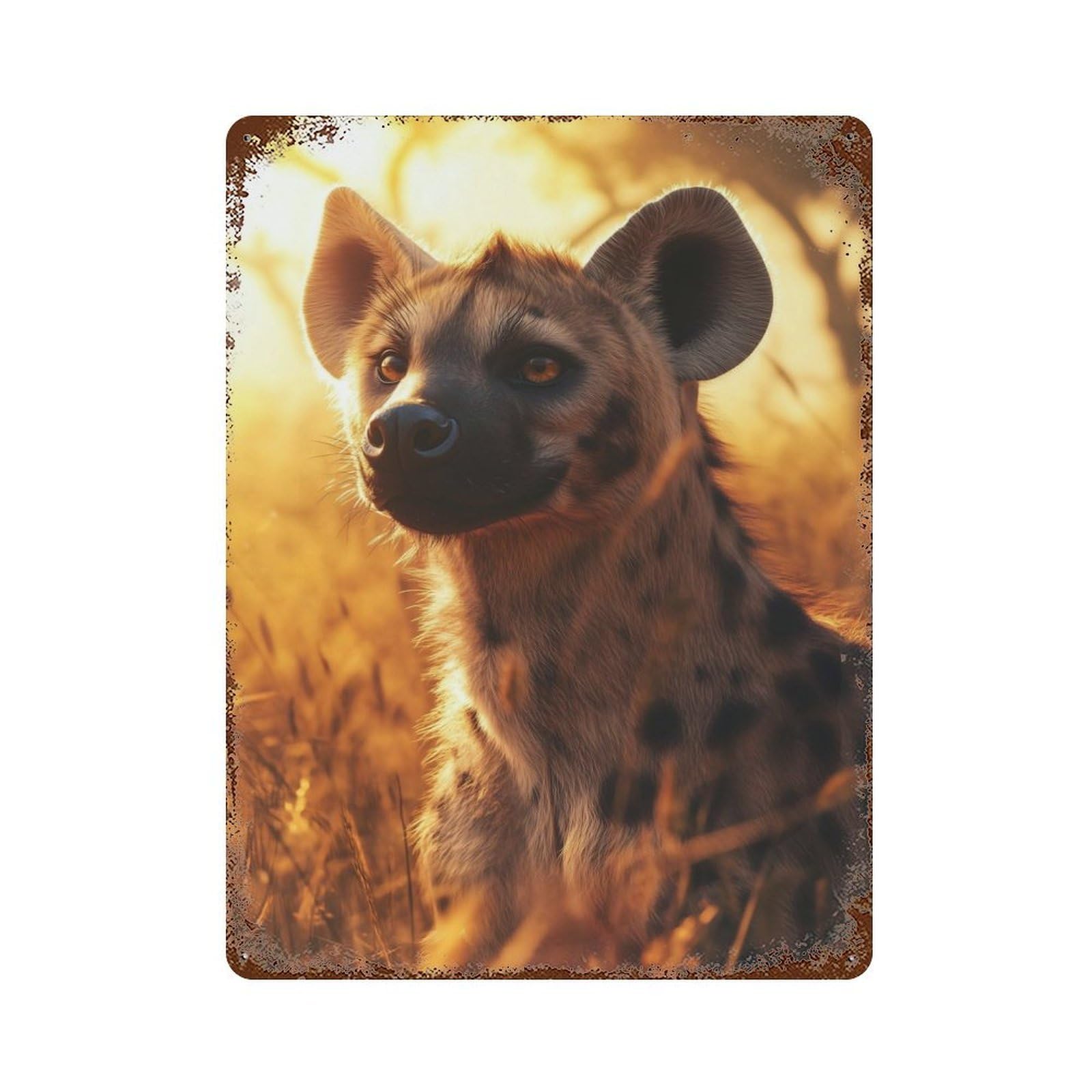 Garage Style Hyena Portrait at Sunset Rustic Tin Plaque 15.7"x11.8", Classic Wall Plaque for Bar And Workshop