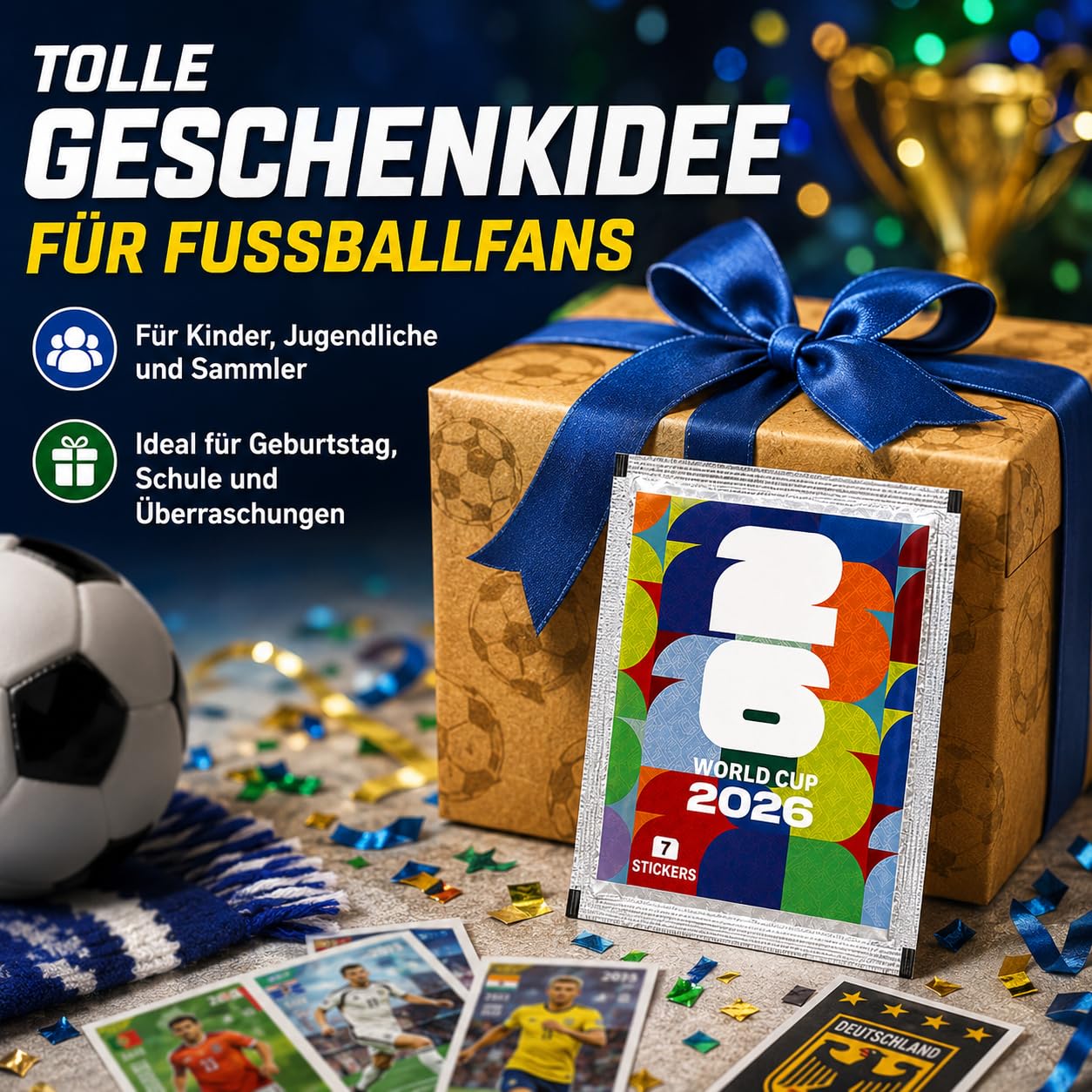 WM 2026 Sammelsticker Box – 50 Stickertüten mit insgesamt 350 Stickern | Fußball Sticker Sammlung zum Tauschen, Sammeln und Einkleben