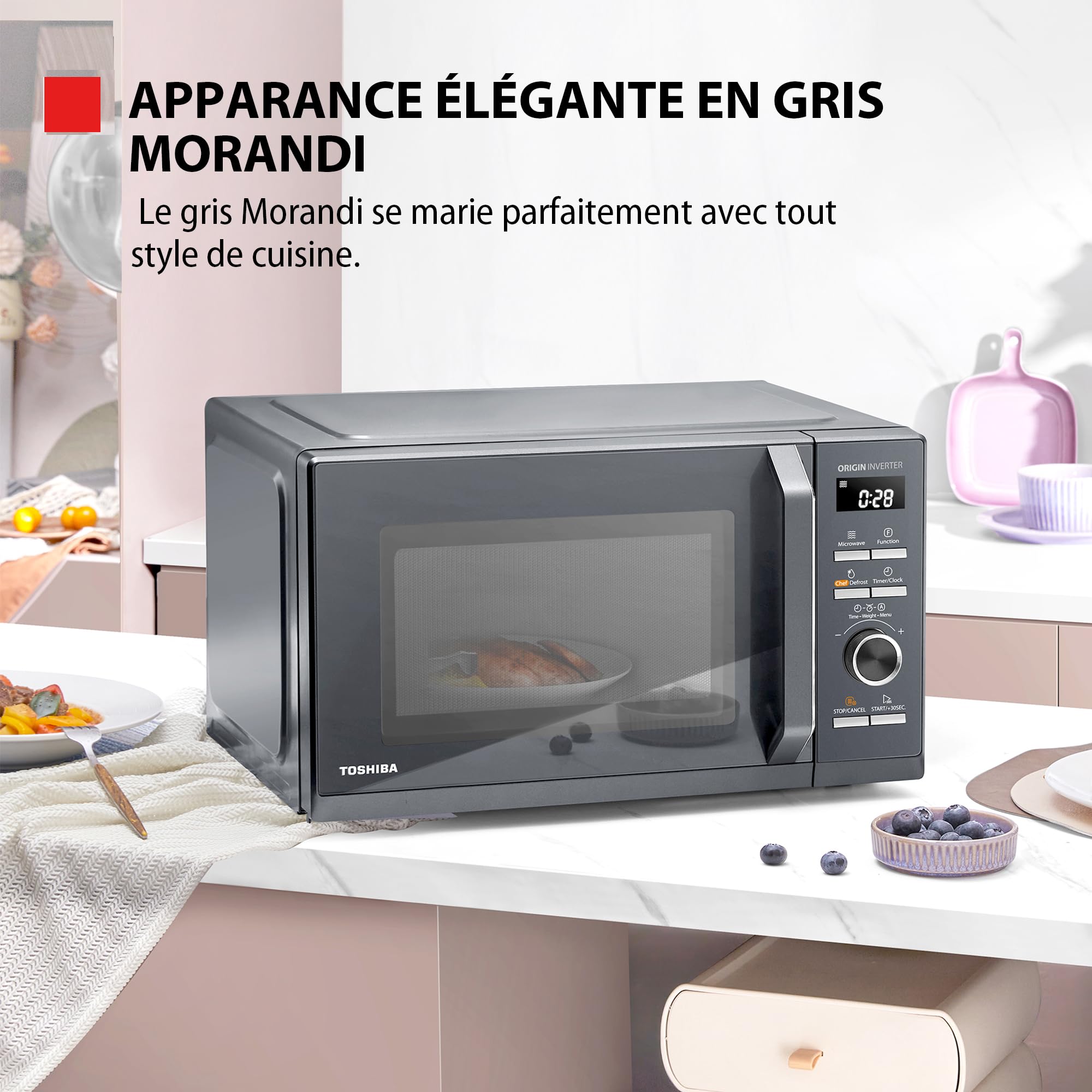Toshiba,MW3-AG25PFI(MG),Four à Micro-ondes 25L 3-en-1 900W, Morandi Gris Éclatant, 6 Programmes, 10 Niveaux de Puissance, 7 Menus Automatiques, Nettoyage Facile