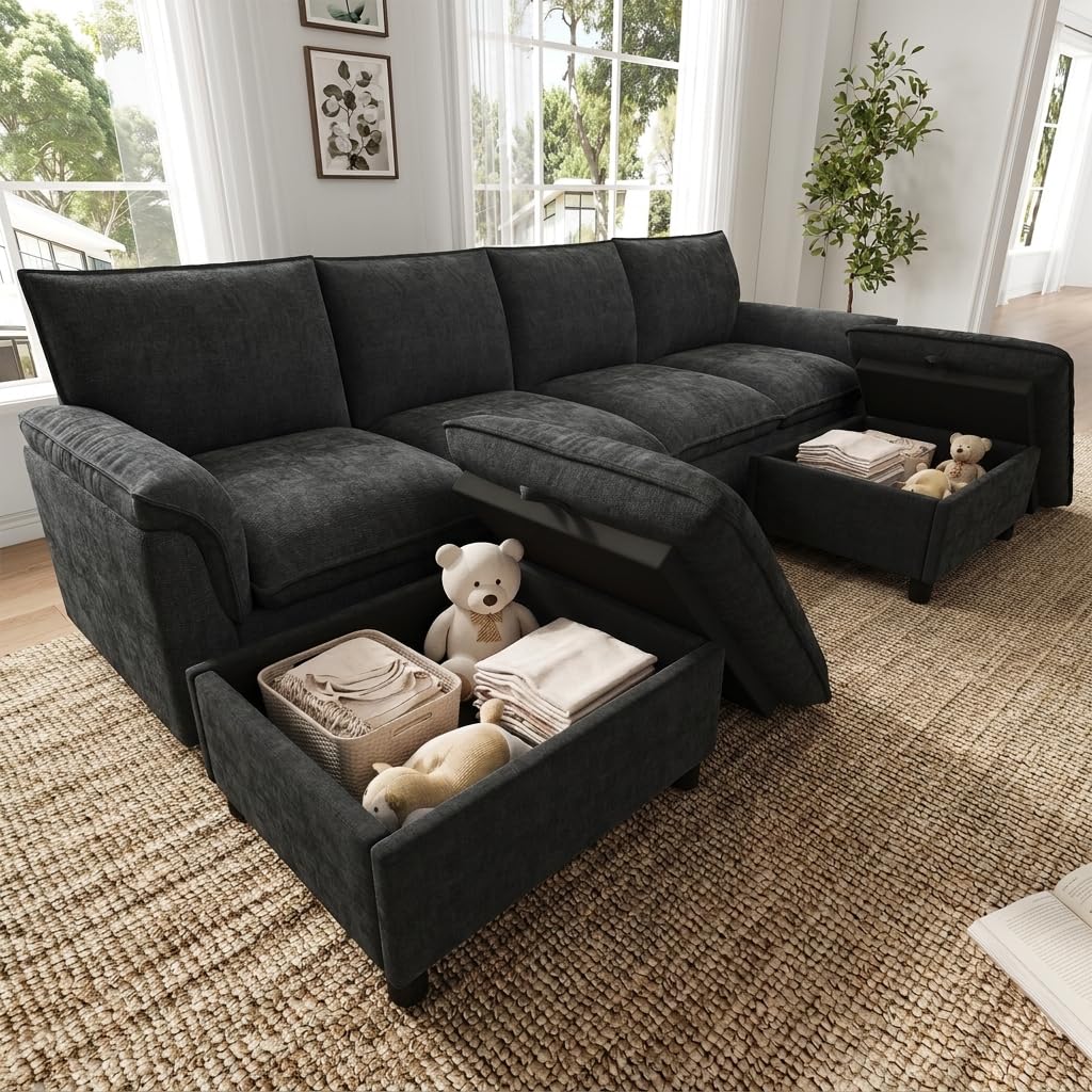 Merax Modulares Cloud-Sofa U-Form 265cm, Gemütliche Wohnlandschaft mit 2 Stauraum-Hockern, Bequemes Ecksofa mit tiefer Sitzfläche, Couch für Wohnzimmer, Grau Küche, Haushalt & Wohnen