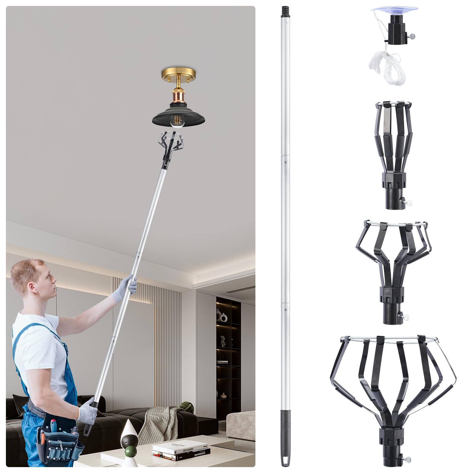 Glühbirnenwechsler für Hohe Decken, LED Classic Lampe Glühbirnen Wechsel, 2-12FT Aluminiumlegierung Verlängerungsstange, 3 Einstellbar Krallen und 1 Einstellbar Saugnapf