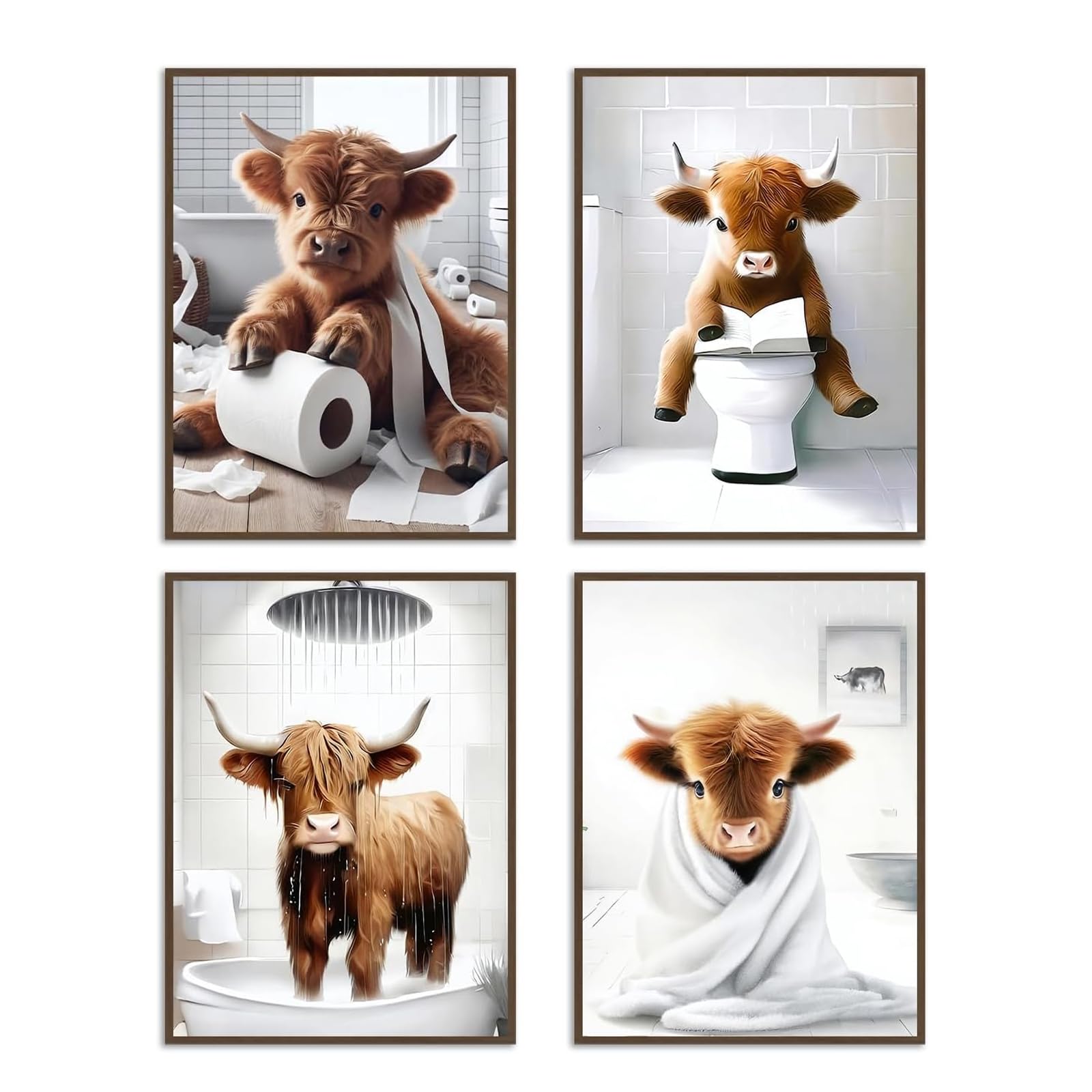 YEVON 4Pcs Highland Cow Bathroom Wall Art Posters - Funny Highland Cow Canvas Prints for Walls - Rustic Farmhouse Cows Pictures for Bathrooms, Toilets, Hallway, Living Rooms Wall Decor (8x10 in)