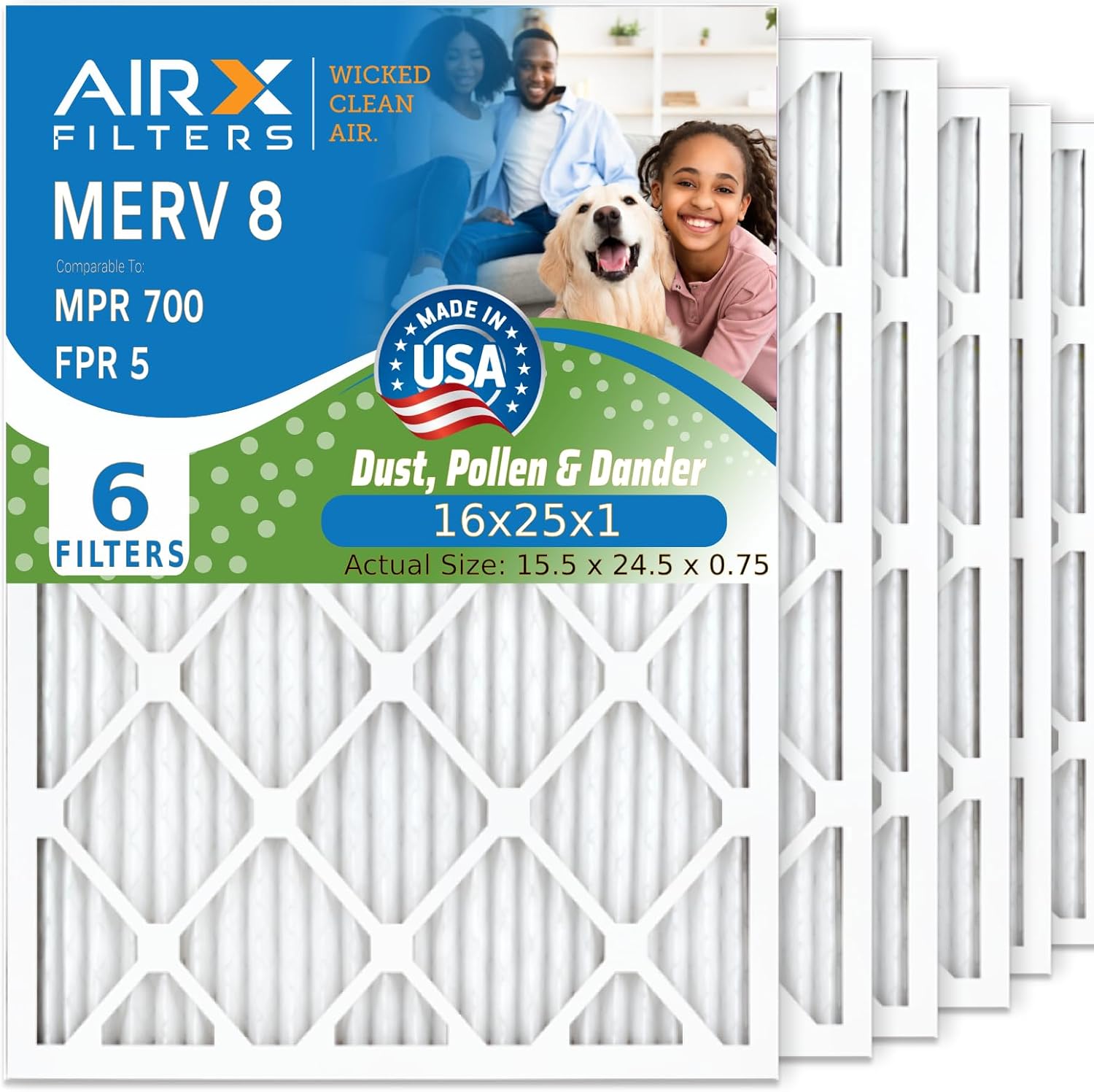 AIRx Filters 16x25x1 Furnace Filter MERV 8 Electrostatic Pleated Replacement HVAC AC Air Filter with Advanced Filtration Technology, 6-Pack