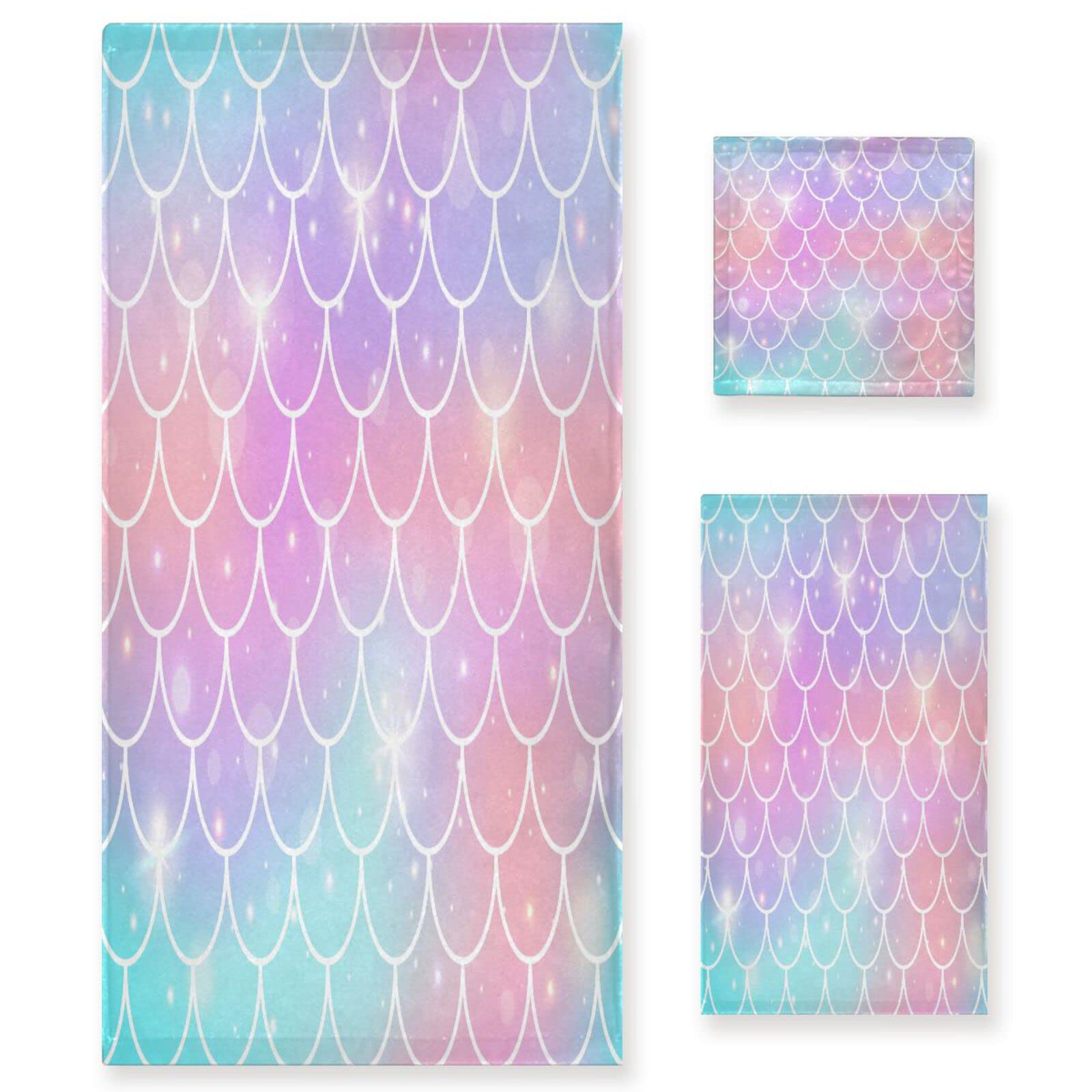 Lindas Escamas Arcoiris Brillo Juego de Toallas para Baño Playa 100% Algodón de Piscina Toalla (1 Toalla de Baño y 1 Toalla de Mano y 1 Paño de Lavado) para Nadar Hotel Niñas Niños Niños