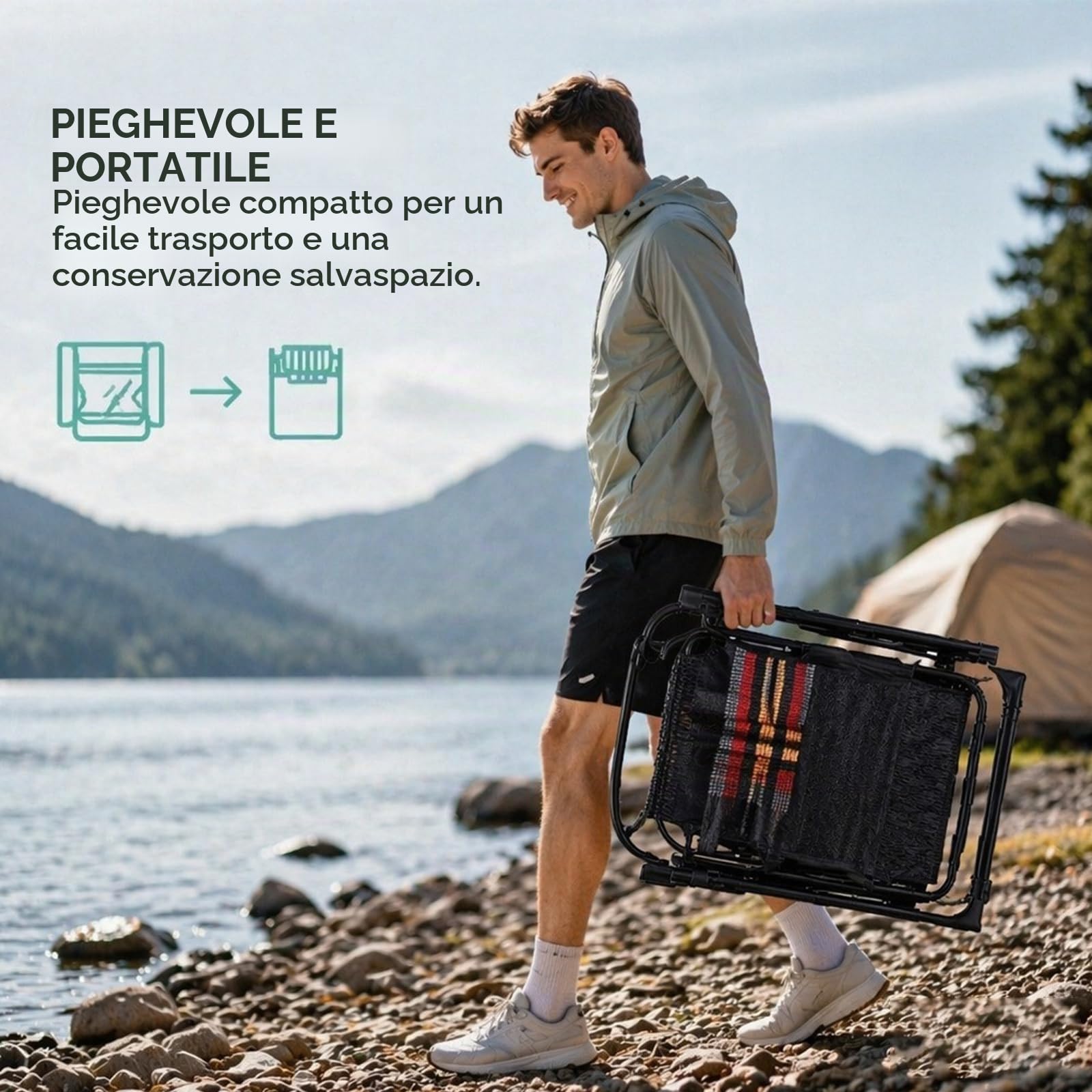 Sedia a sdraio pieghevole con cuscino cervicale e supporto per bevande, sdraio da giardino con schienale regolabile, portata 200 kg, per giardino, balcone, spiaggia (Nero)